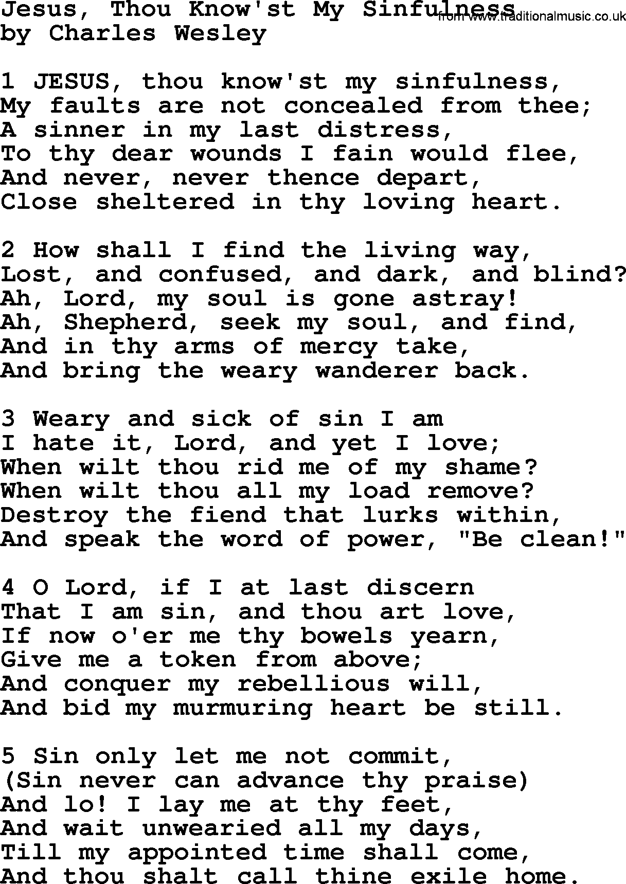 Charles Wesley hymn: Jesus, Thou Know'st My Sinfulness, lyrics