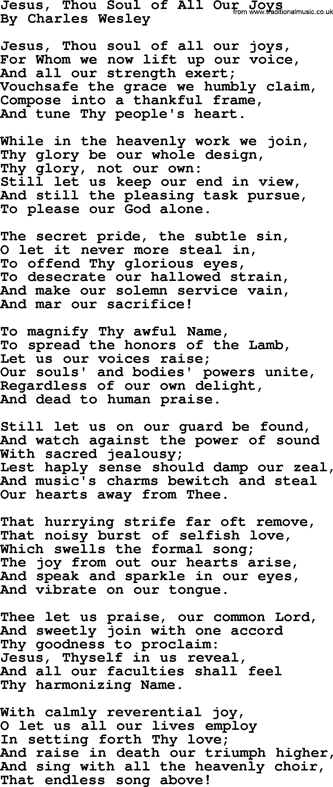 Charles Wesley hymn: Jesus, Thou Soul Of All Our Joys, lyrics
