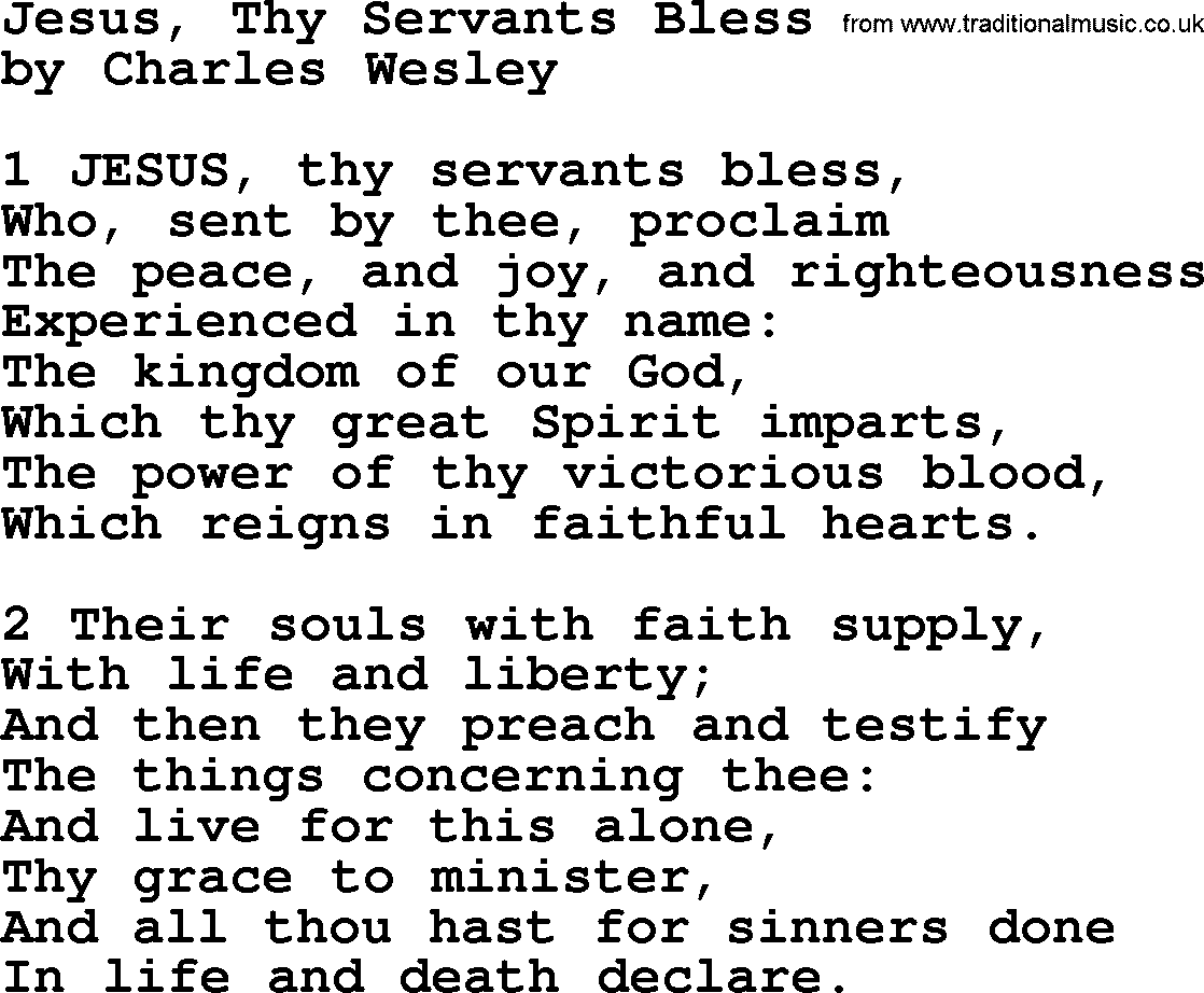 Charles Wesley hymn: Jesus, Thy Servants Bless, lyrics