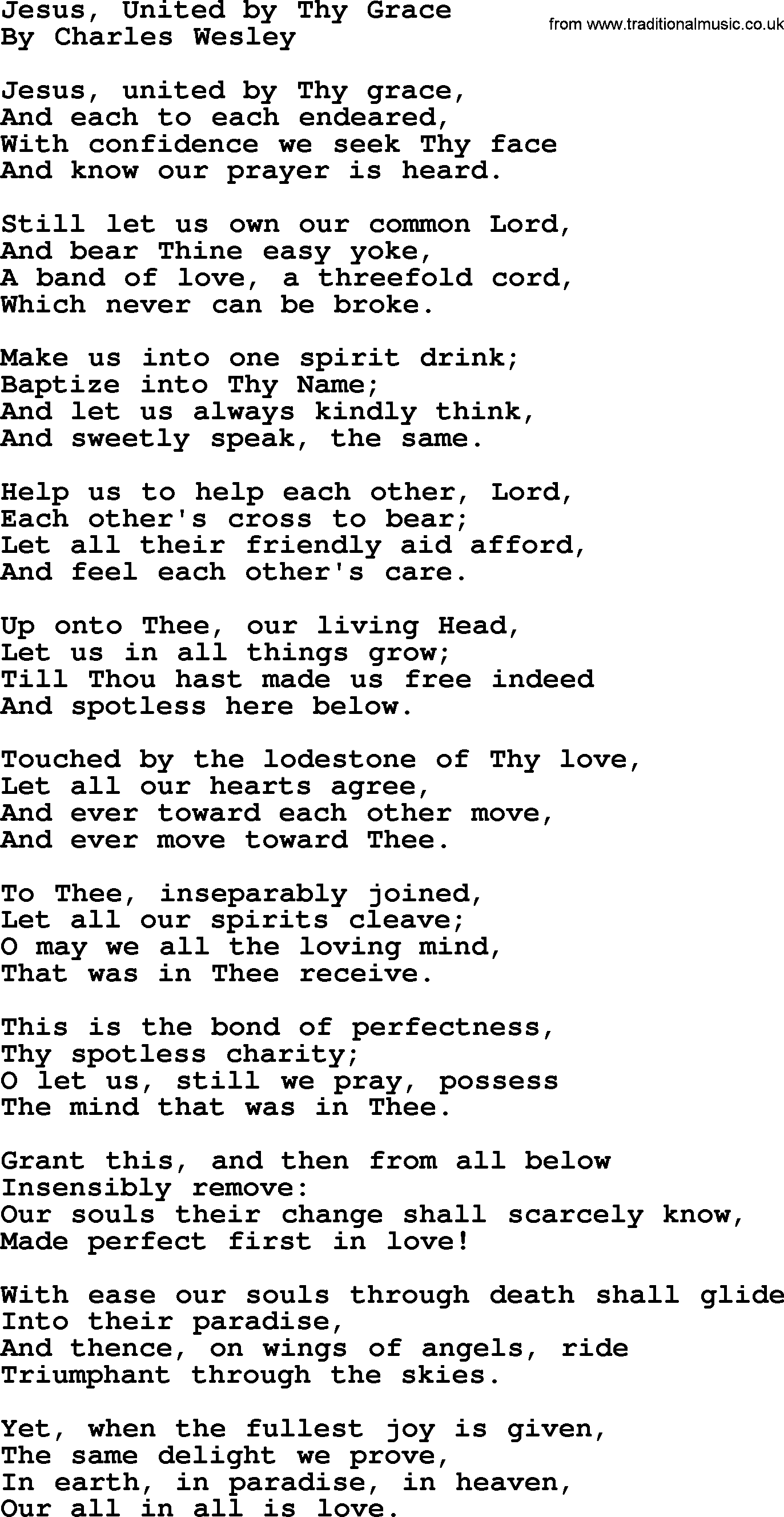 Charles Wesley hymn: Jesus, United By Thy Grace, lyrics