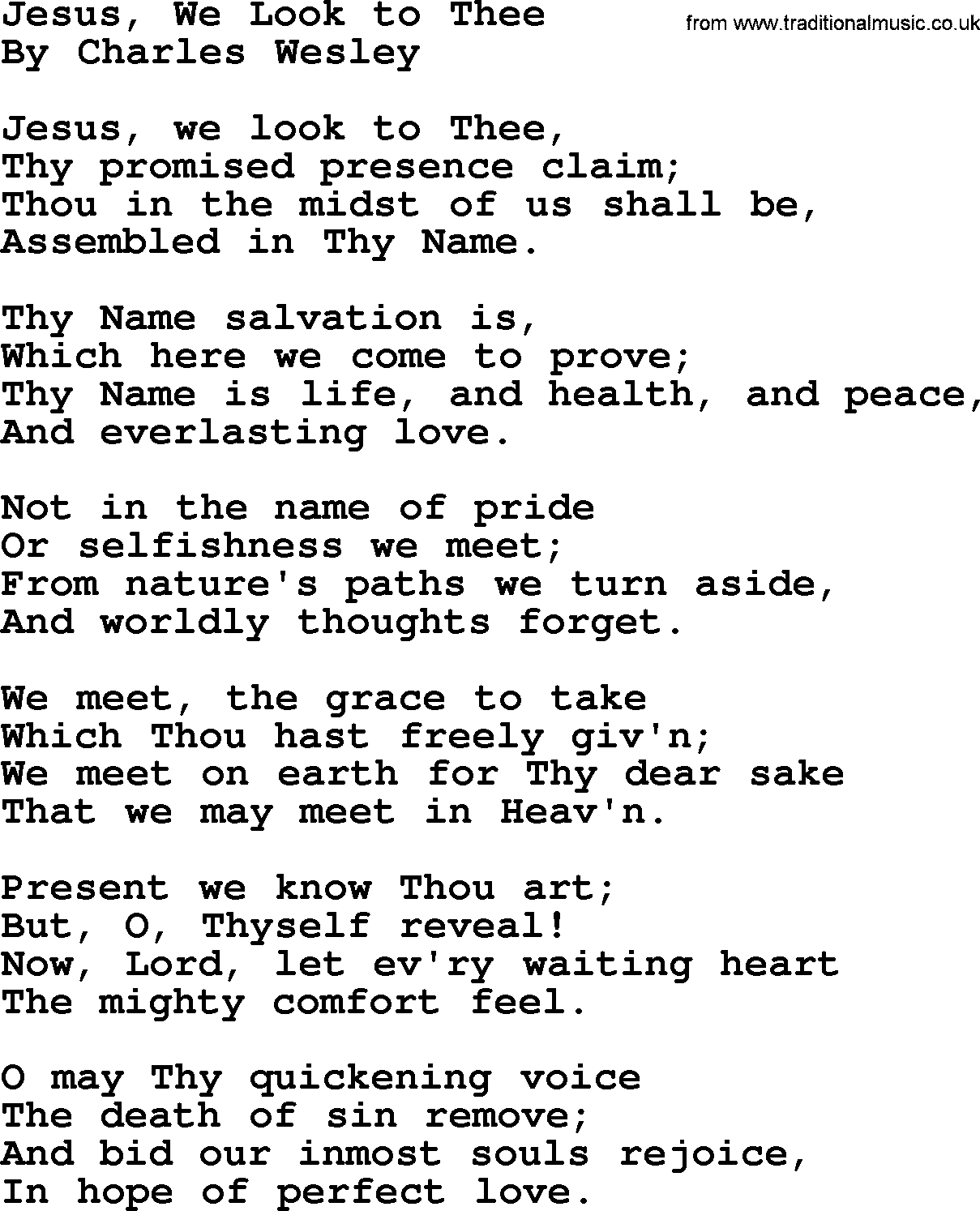 Charles Wesley hymn: Jesus, We Look to Thee, lyrics