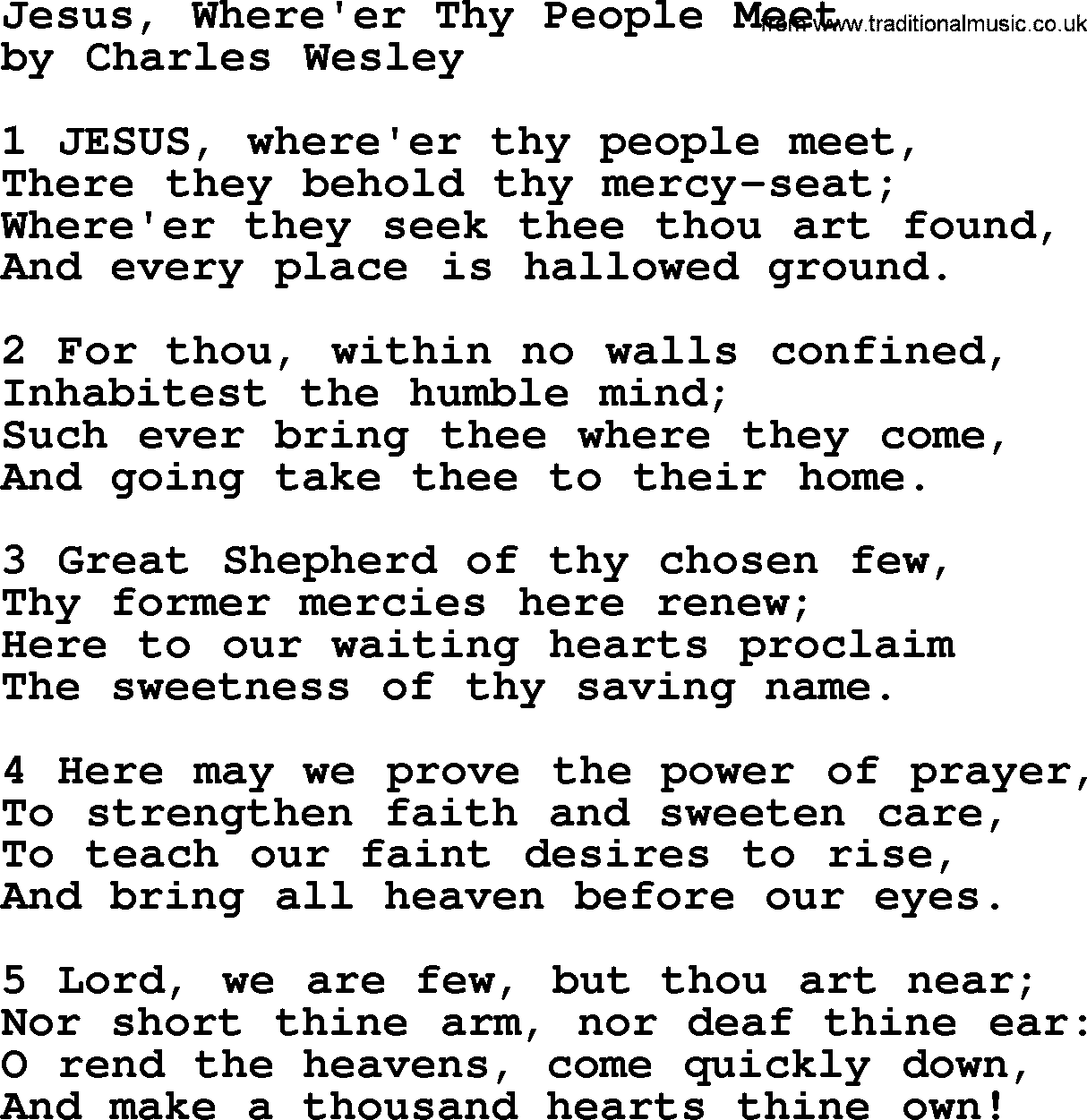 Charles Wesley hymn: Jesus, Where'er Thy People Meet, lyrics
