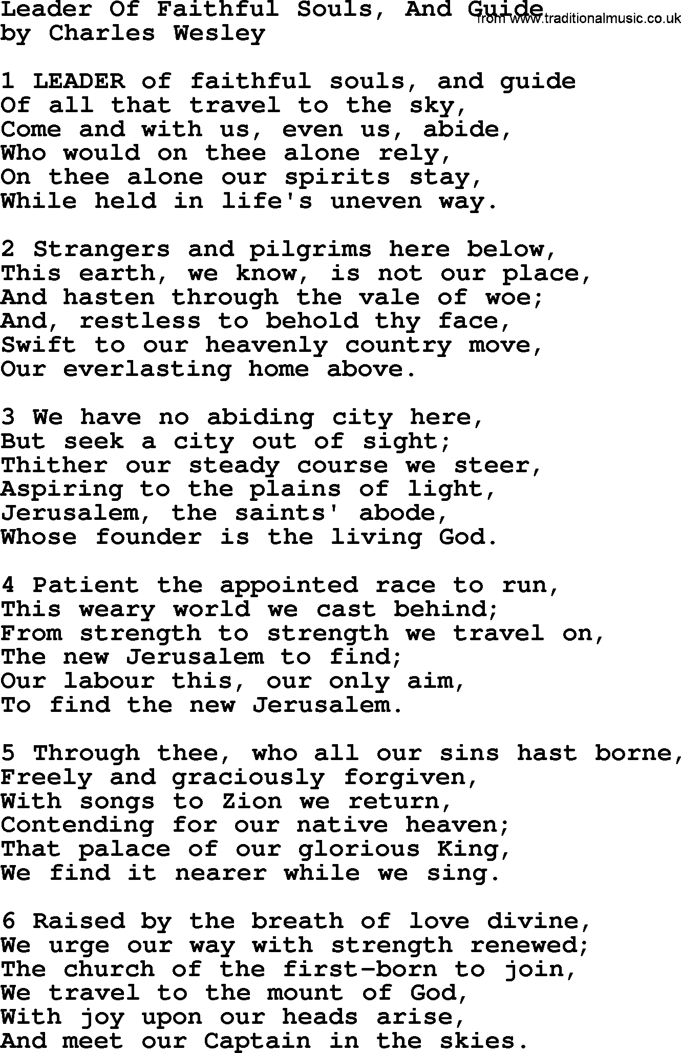 Charles Wesley hymn: Leader Of Faithful Souls, And Guide, lyrics