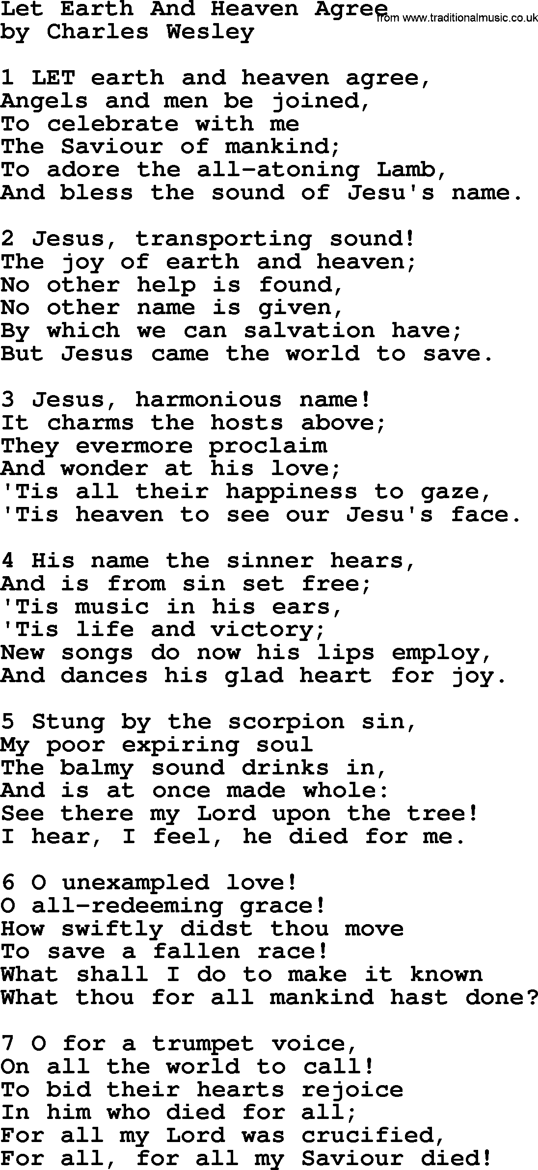Charles Wesley hymn: Let Earth And Heaven Agree, lyrics