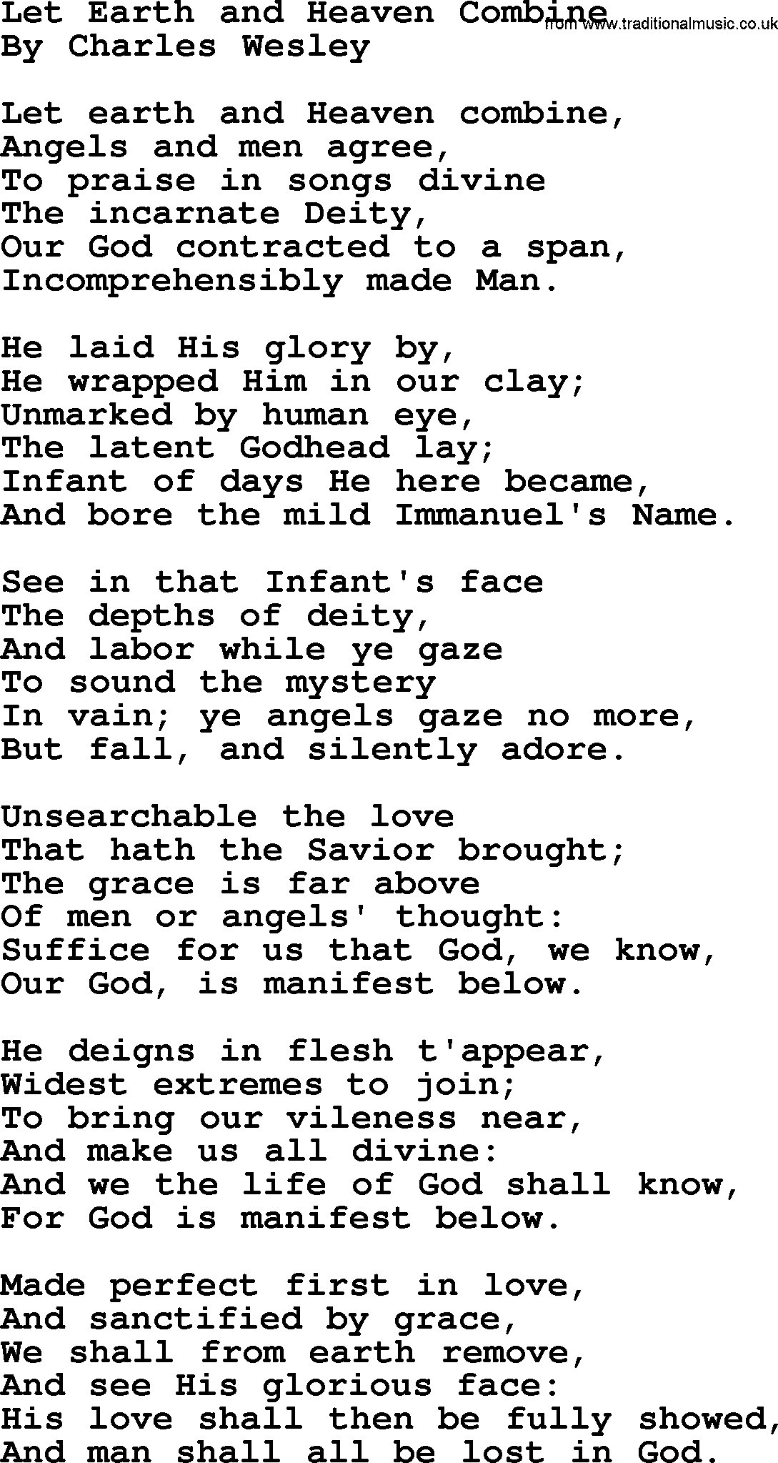Charles Wesley hymn: Let Earth And Heaven Combine, lyrics