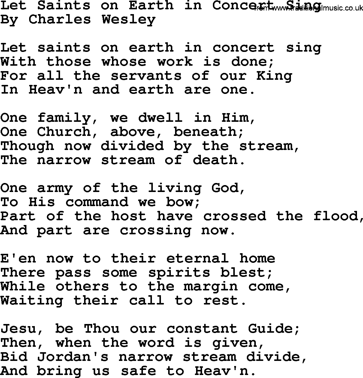 Charles Wesley hymn: Let Saints on Earth in Concert Sing, lyrics