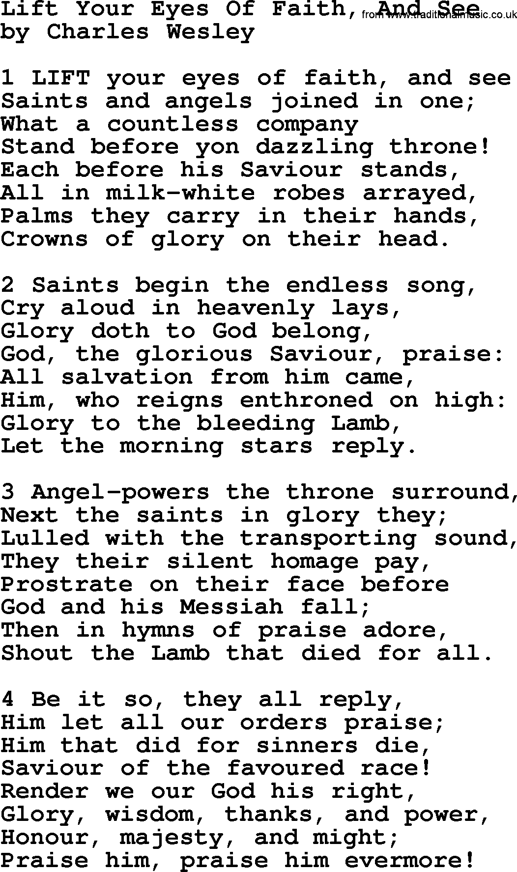 Charles Wesley hymn: Lift Your Eyes Of Faith, And See, lyrics