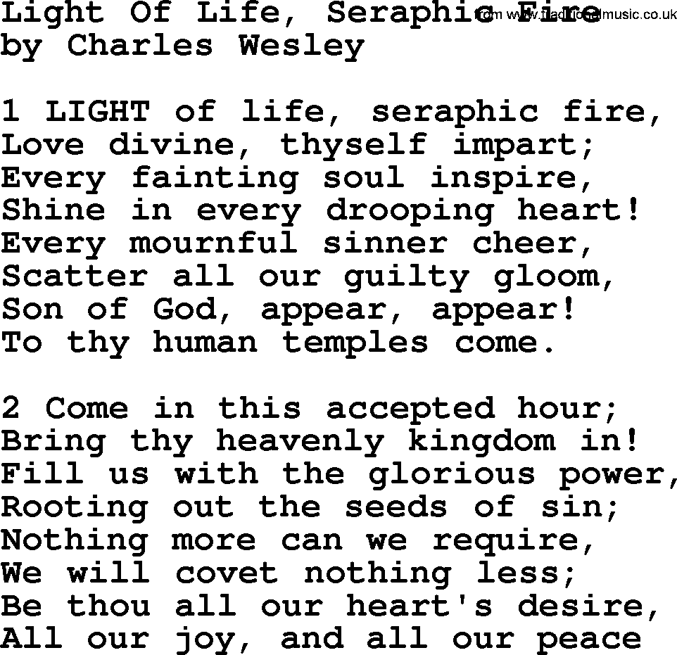 Charles Wesley hymn: Light Of Life, Seraphic Fire, lyrics