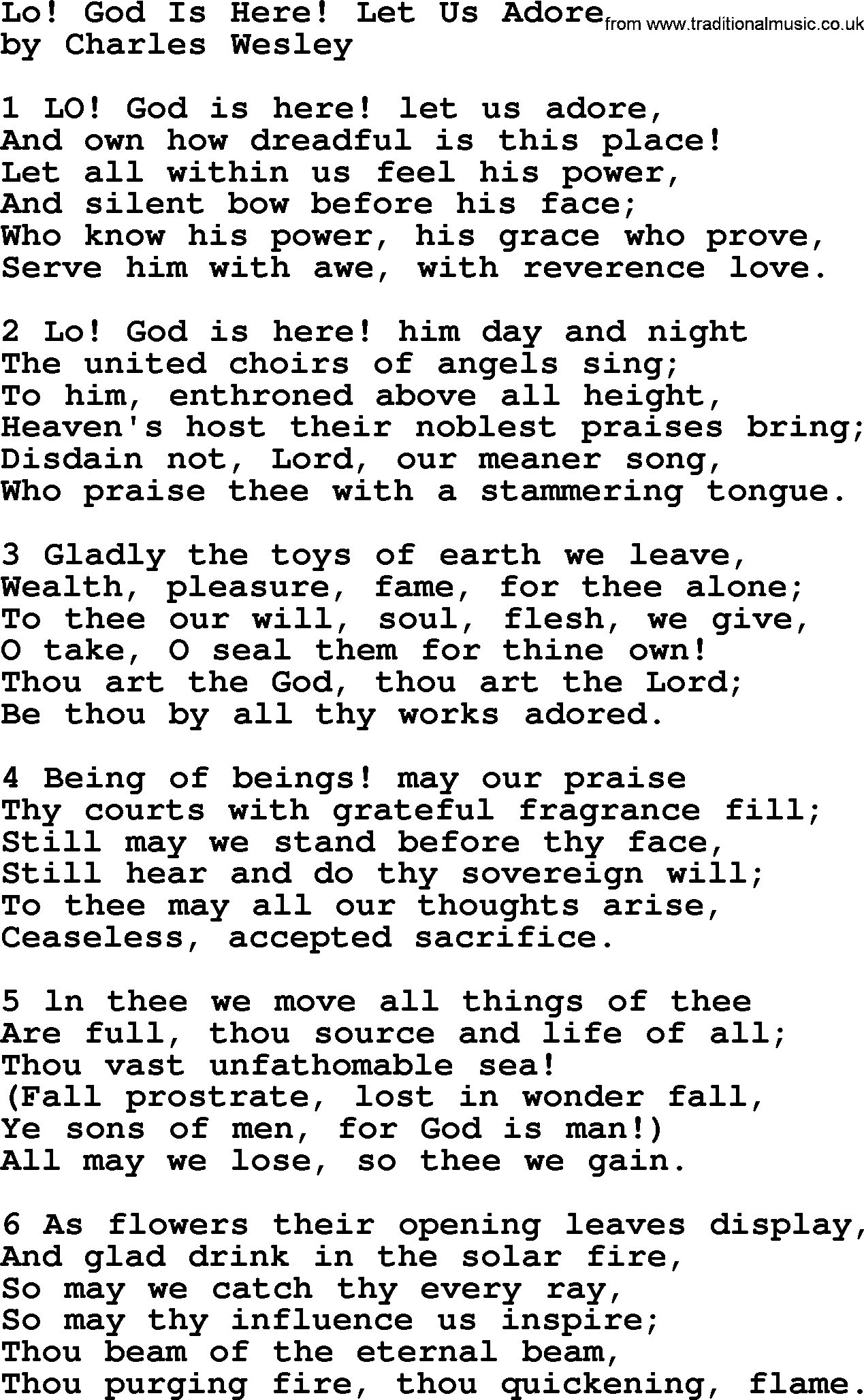 Charles Wesley hymn: Lo! God Is Here! Let Us Adore, lyrics