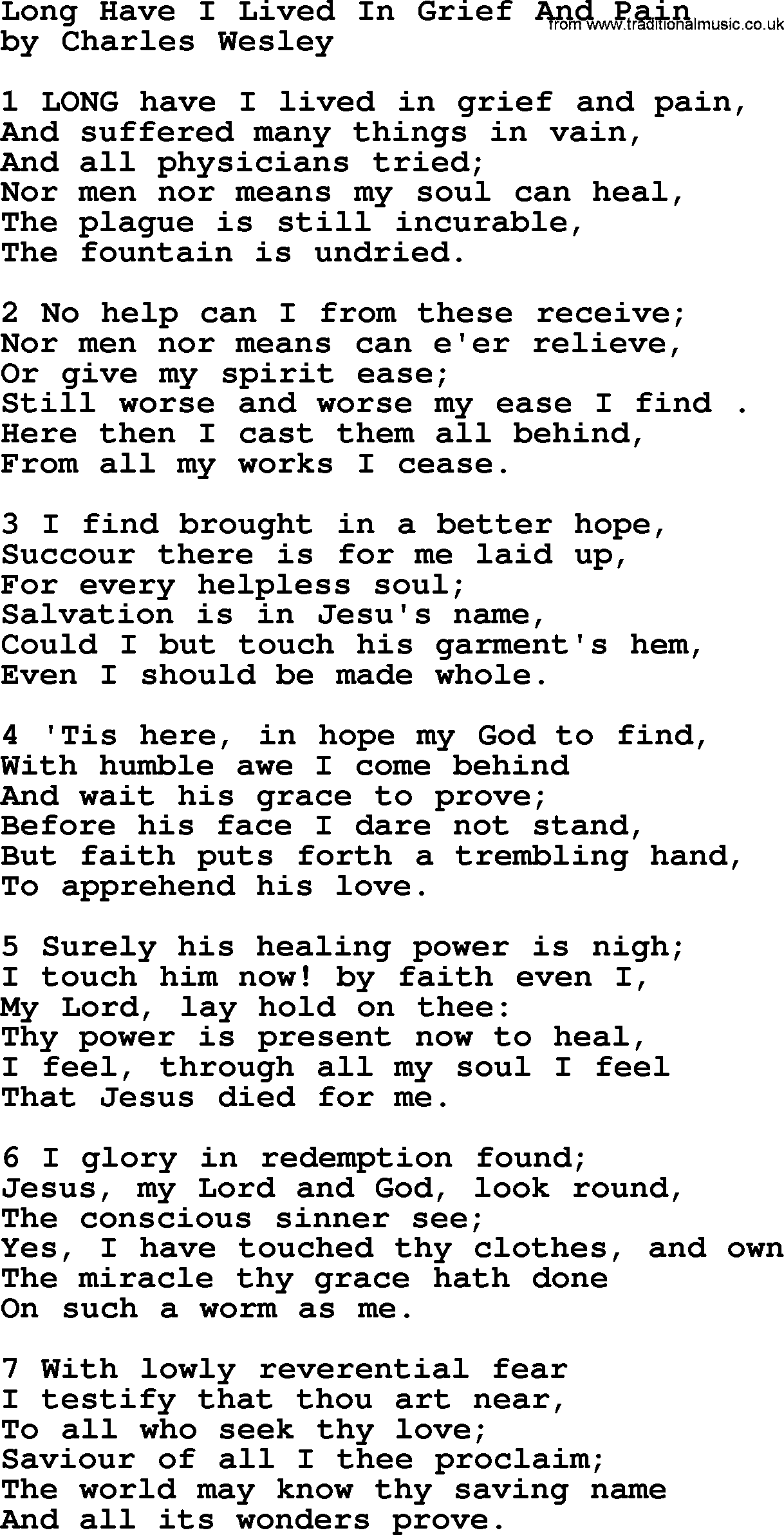 Charles Wesley hymn: Long Have I Lived In Grief And Pain, lyrics