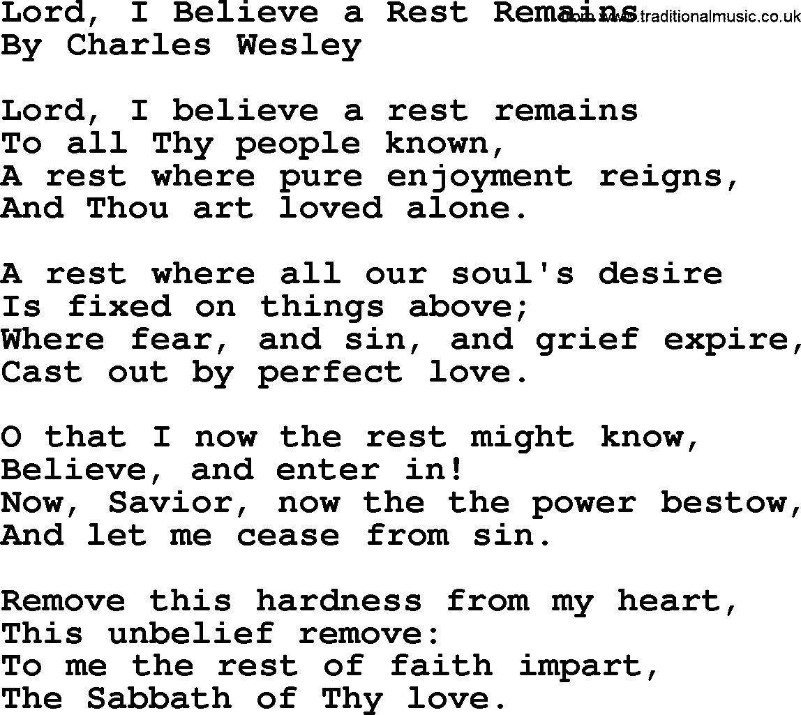 Charles Wesley hymn: Lord, I Believe A Rest Remains, lyrics