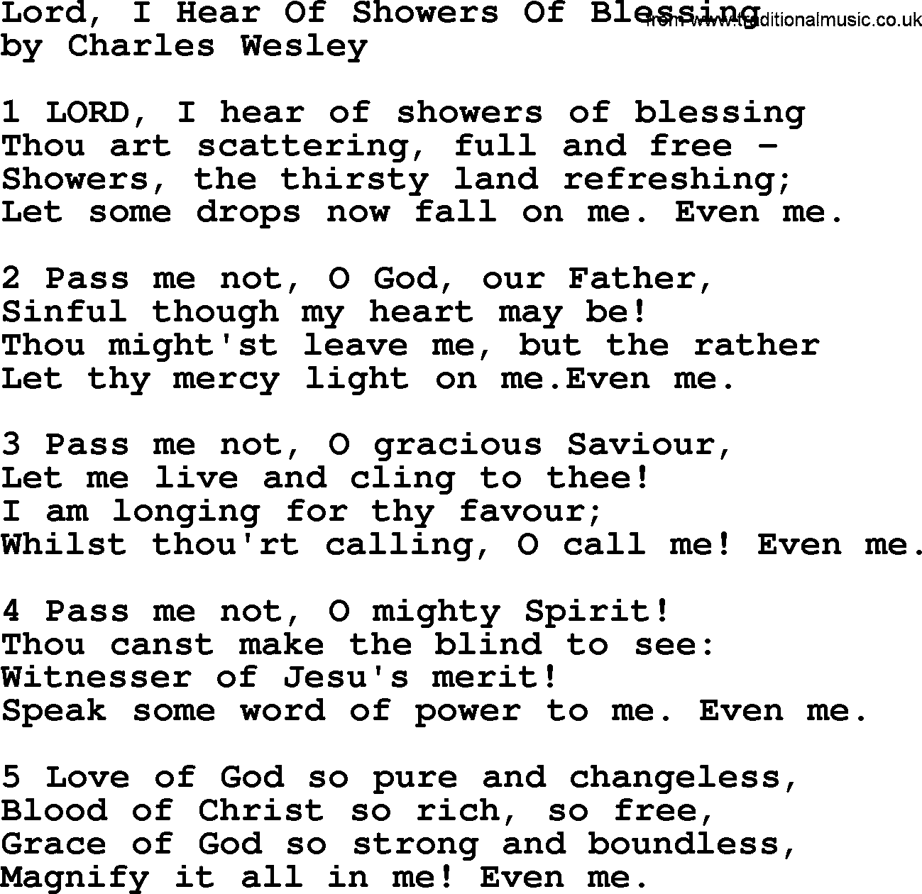 Charles Wesley hymn: Lord, I Hear Of Showers Of Blessing, lyrics