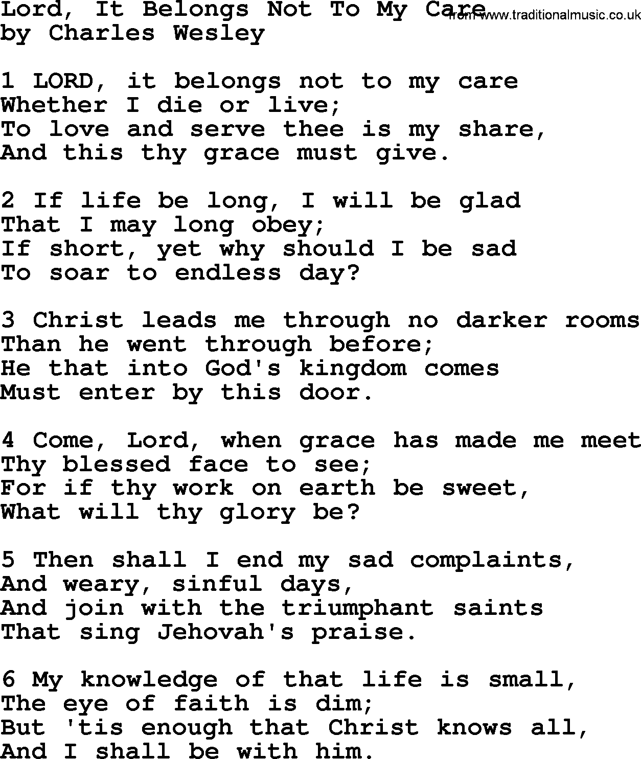 Charles Wesley hymn: Lord, It Belongs Not To My Care, lyrics