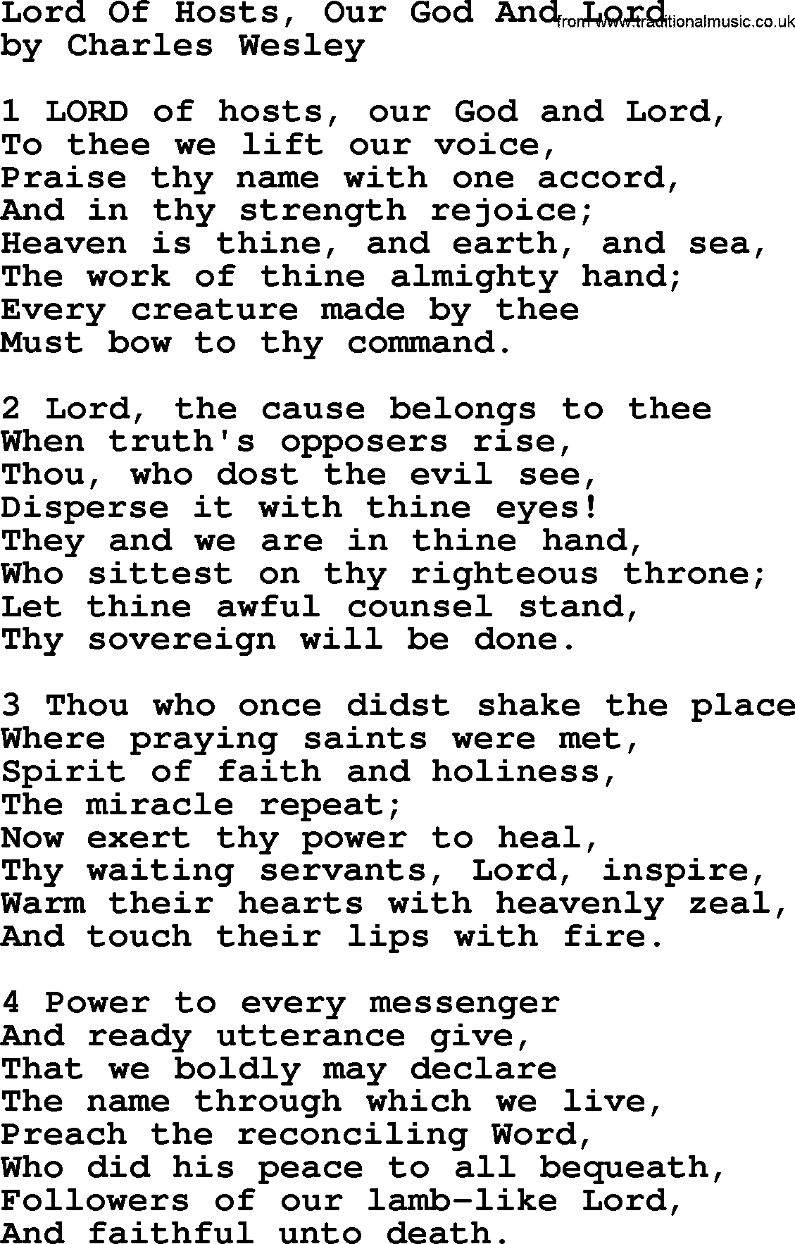 Charles Wesley hymn: Lord Of Hosts, Our God And Lord, lyrics