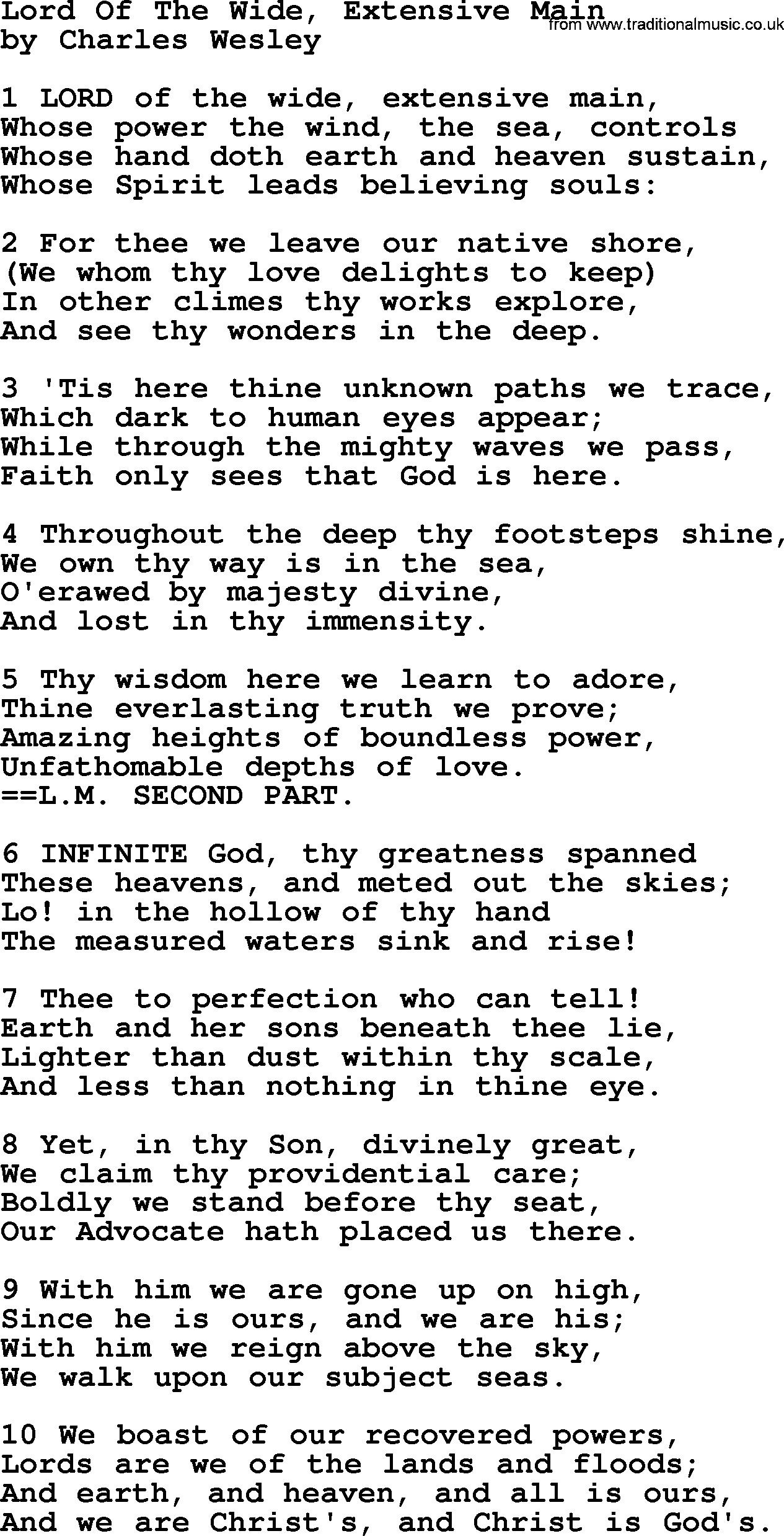 Charles Wesley hymn: Lord Of The Wide, Extensive Main, lyrics