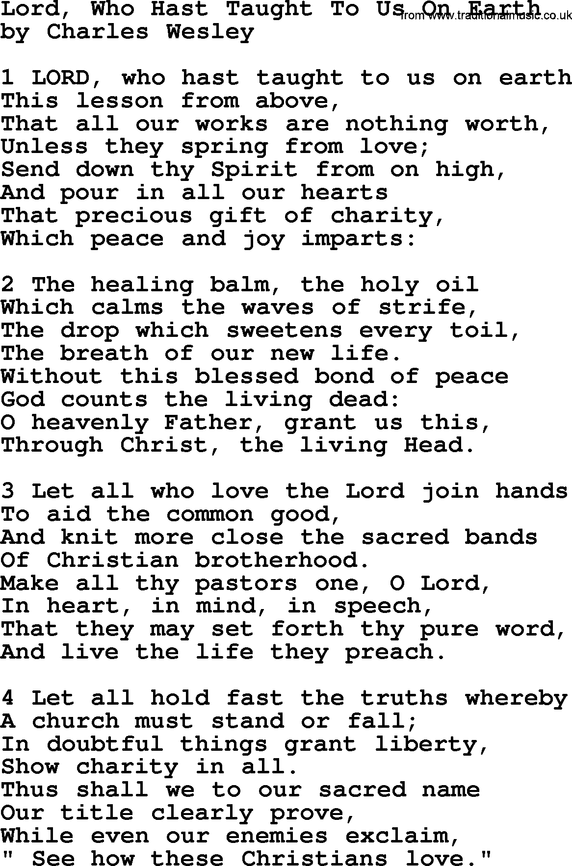 Charles Wesley hymn: Lord, Who Hast Taught To Us On Earth, lyrics