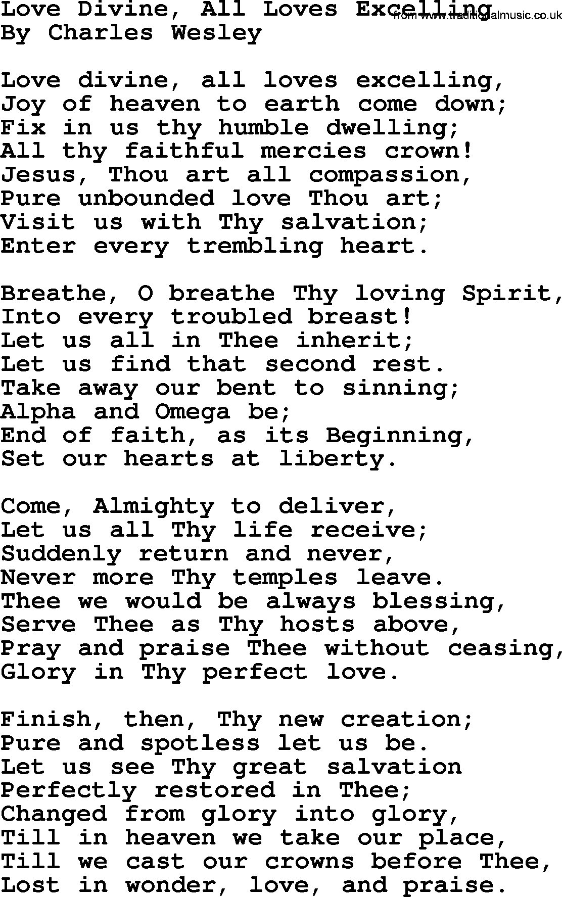Charles Wesley hymn: Love Divine, All Loves Excelling, lyrics
