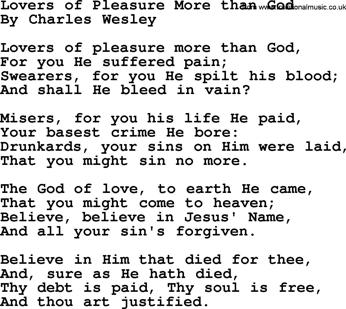 Charles Wesley hymn: Lovers Of Pleasure More Than God, lyrics