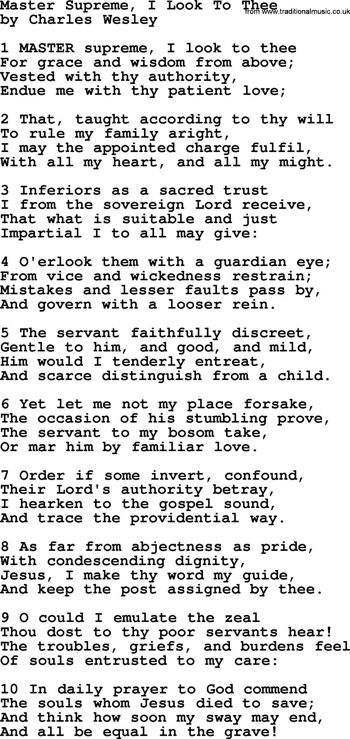 Charles Wesley hymn: Master Supreme, I Look To Thee, lyrics