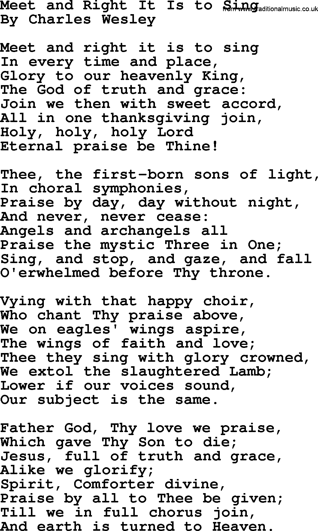 Charles Wesley hymn: Meet and Right It Is to Sing, lyrics