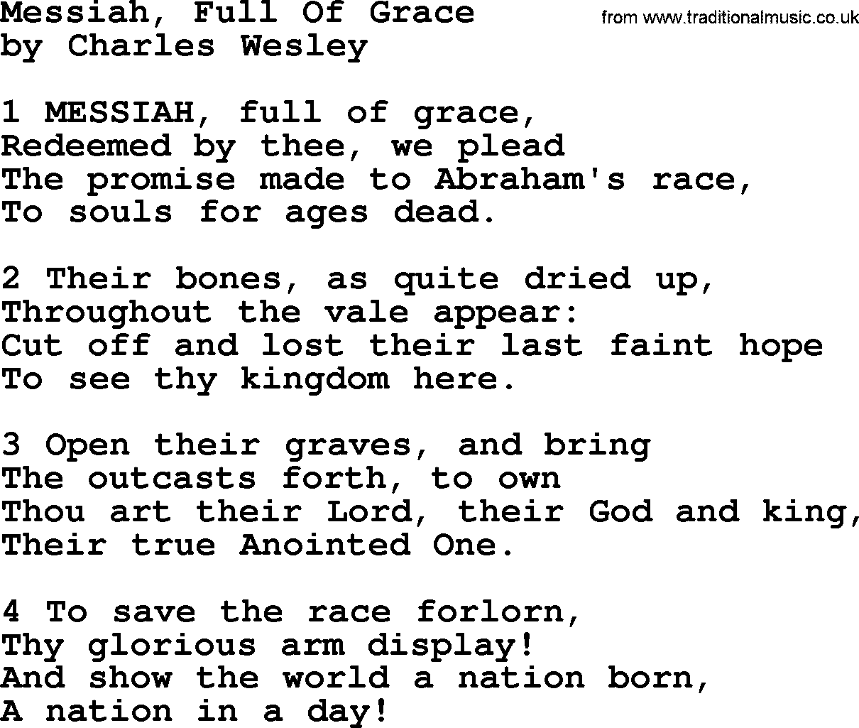 Charles Wesley hymn: Messiah, Full Of Grace, lyrics