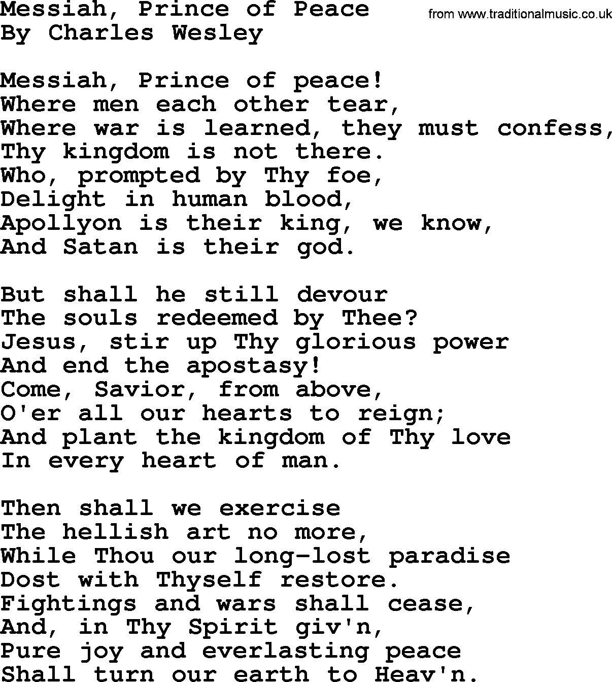 Charles Wesley hymn: Messiah, Prince of Peace, lyrics