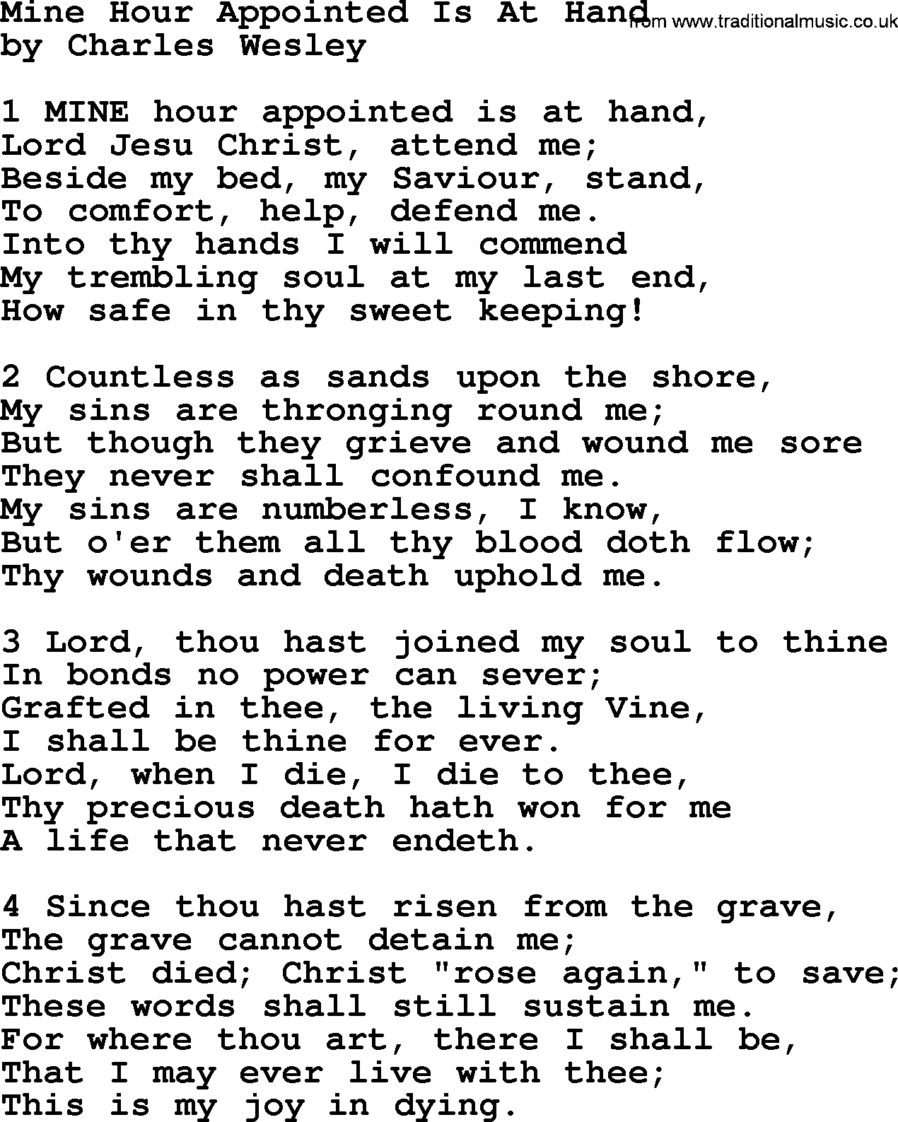 Charles Wesley hymn: Mine Hour Appointed Is At Hand, lyrics