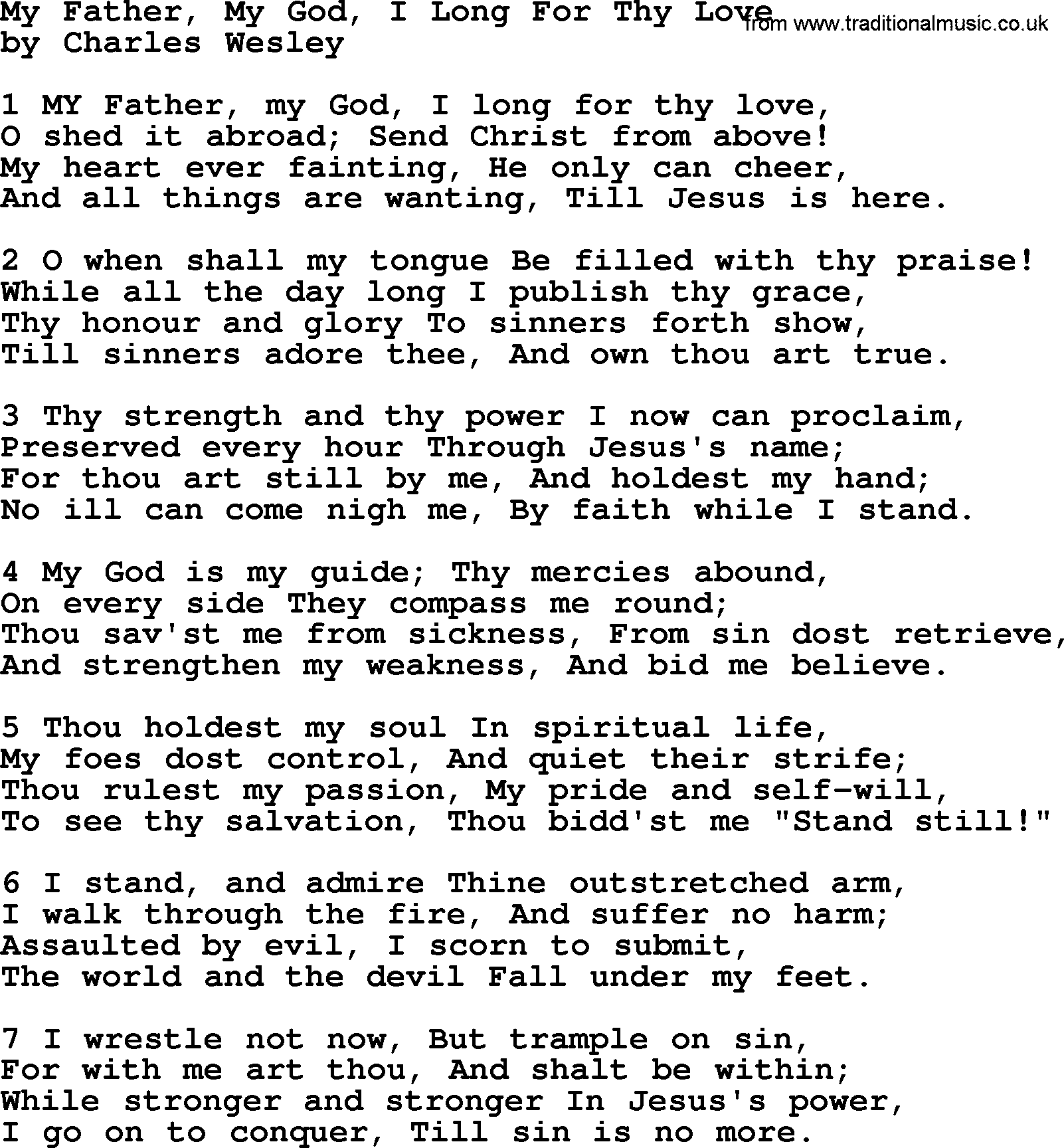 Charles Wesley hymn: My Father, My God, I Long For Thy Love, lyrics