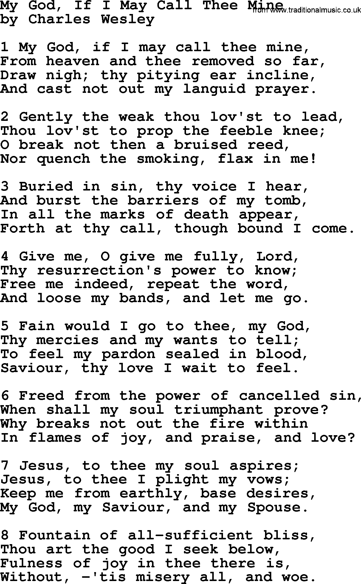 Charles Wesley hymn: My God, If I May Call Thee Mine, lyrics