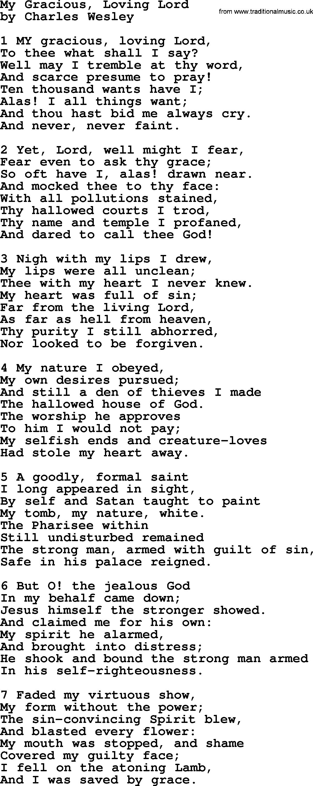 Charles Wesley hymn: My Gracious, Loving Lord, lyrics