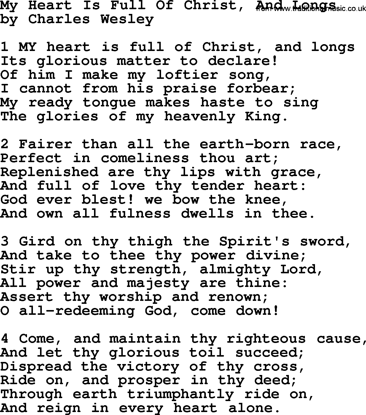 Charles Wesley hymn: My Heart Is Full Of Christ, And Longs, lyrics