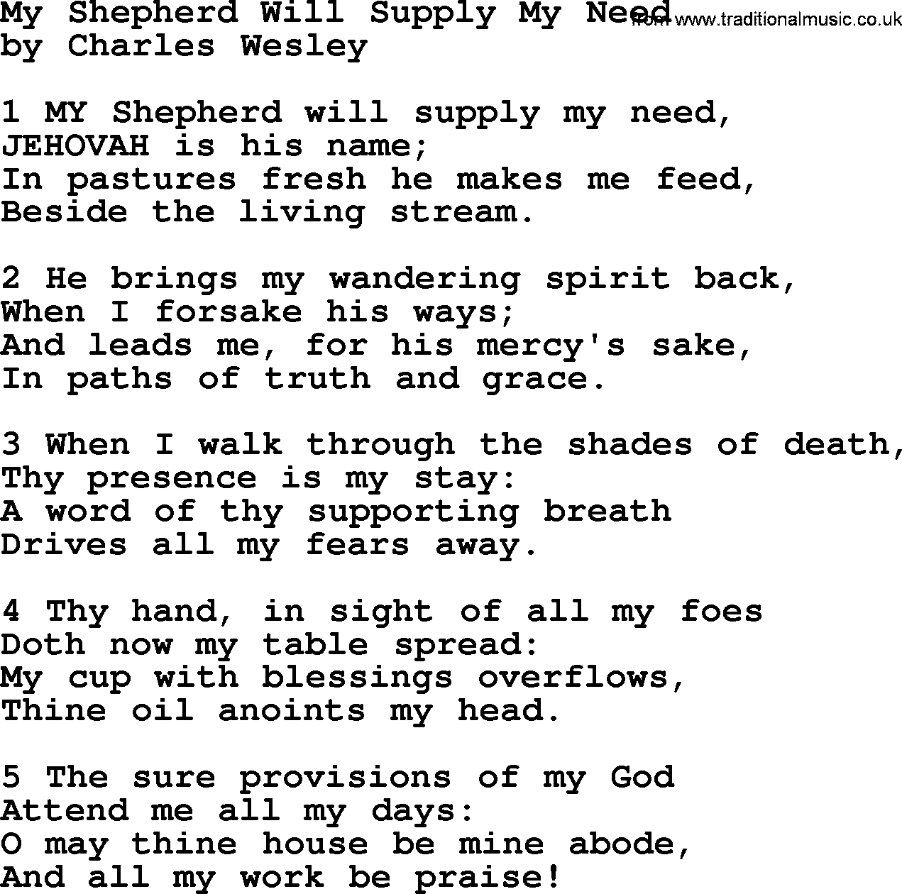 Charles Wesley hymn: My Shepherd Will Supply My Need, lyrics