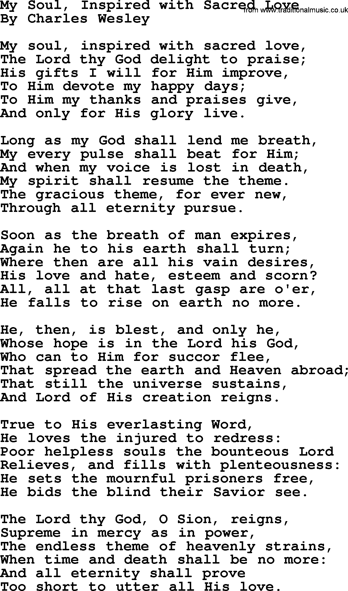 Charles Wesley hymn: My Soul, Inspired With Sacred Love, lyrics