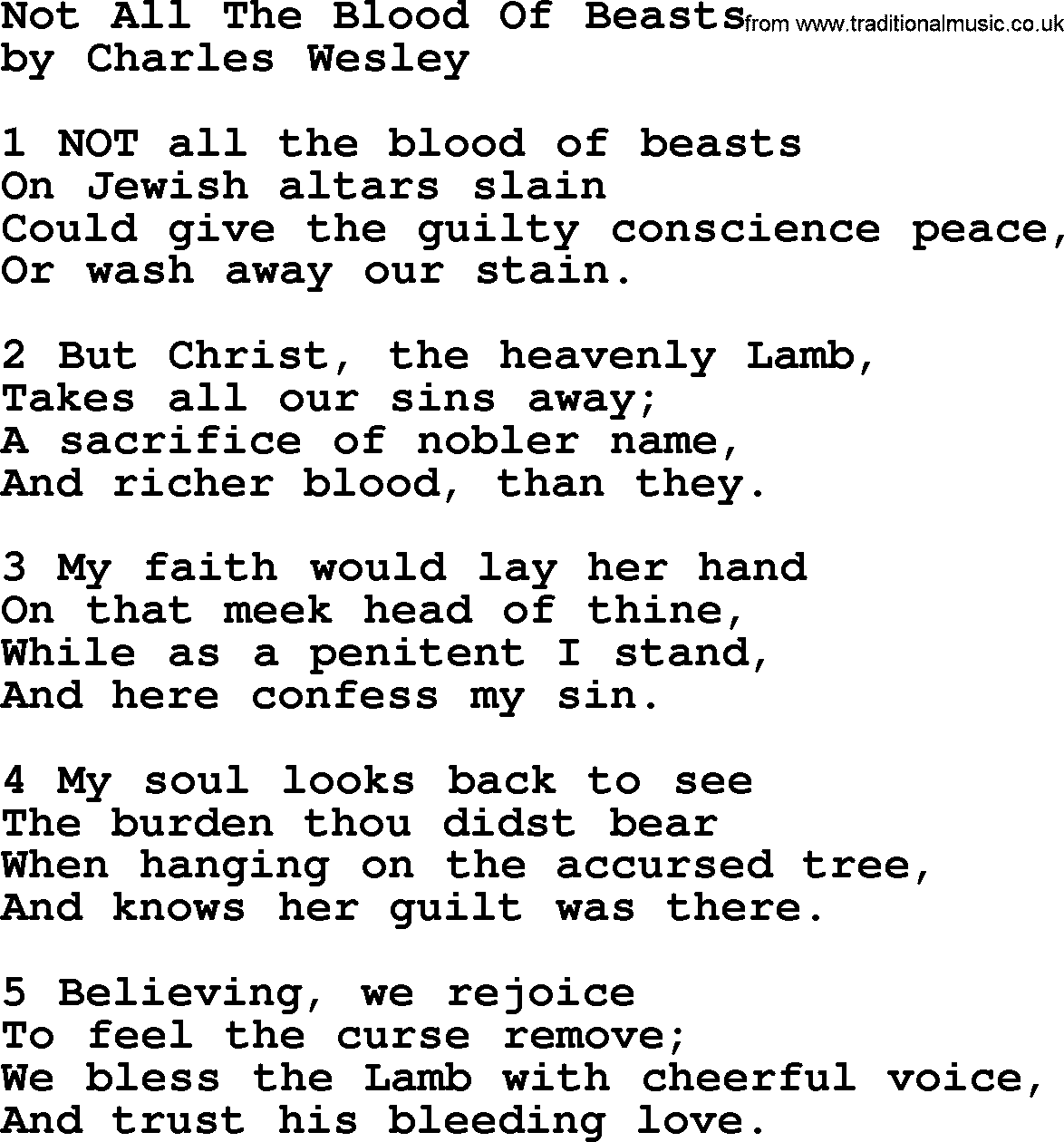 Charles Wesley hymn: Not All The Blood Of Beasts, lyrics