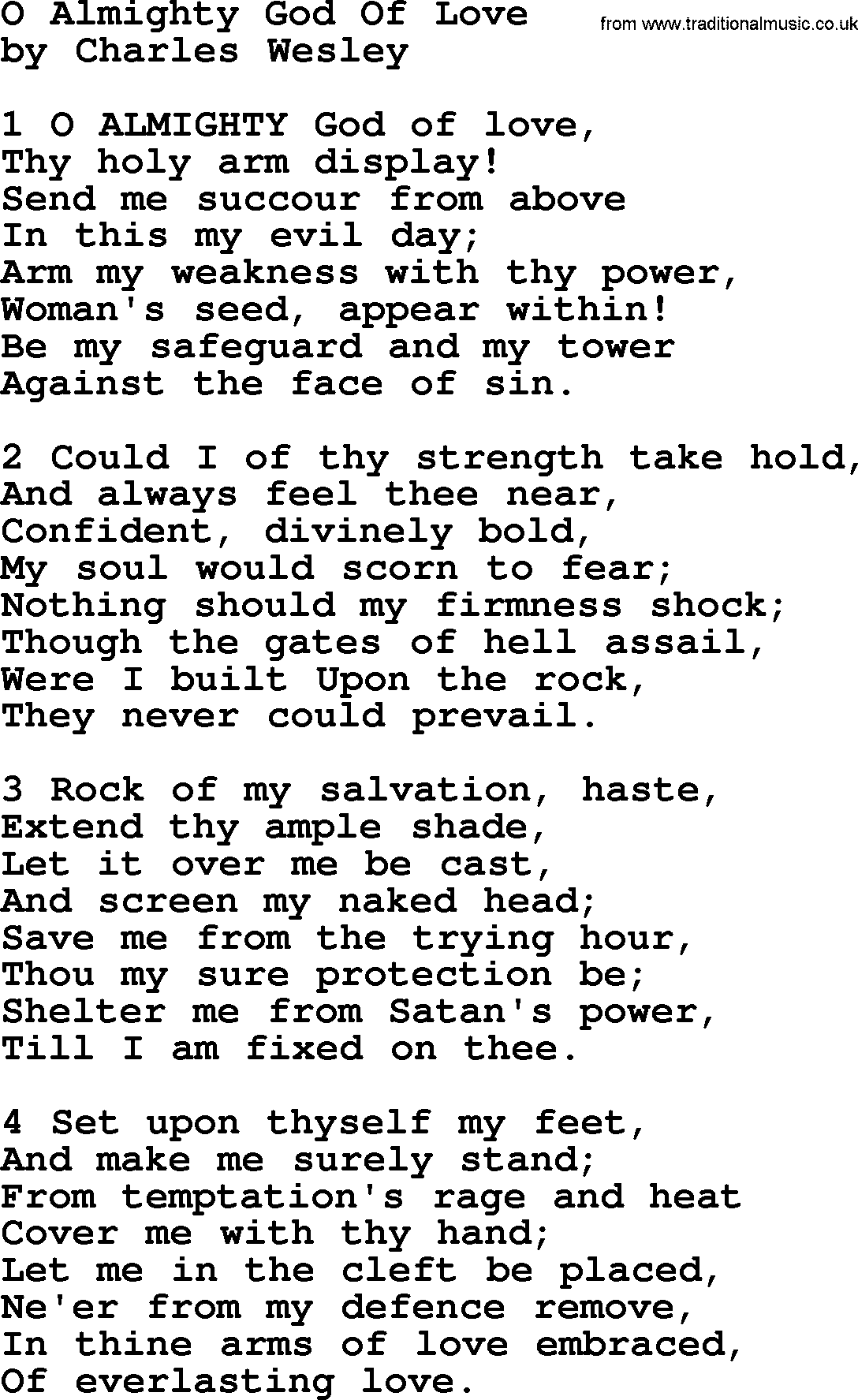 Charles Wesley hymn: O Almighty God Of Love, lyrics