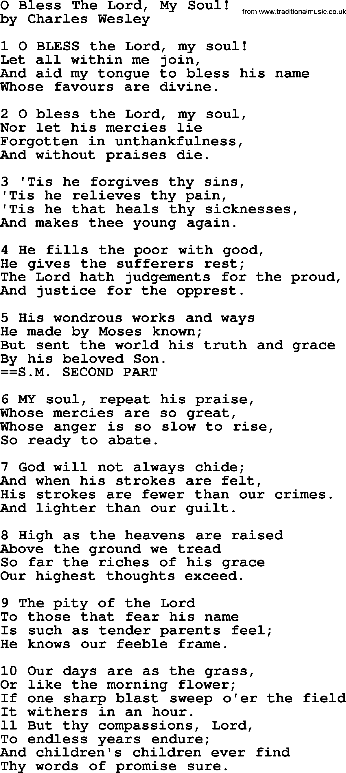 Charles Wesley hymn: O Bless The Lord, My Soul!, lyrics