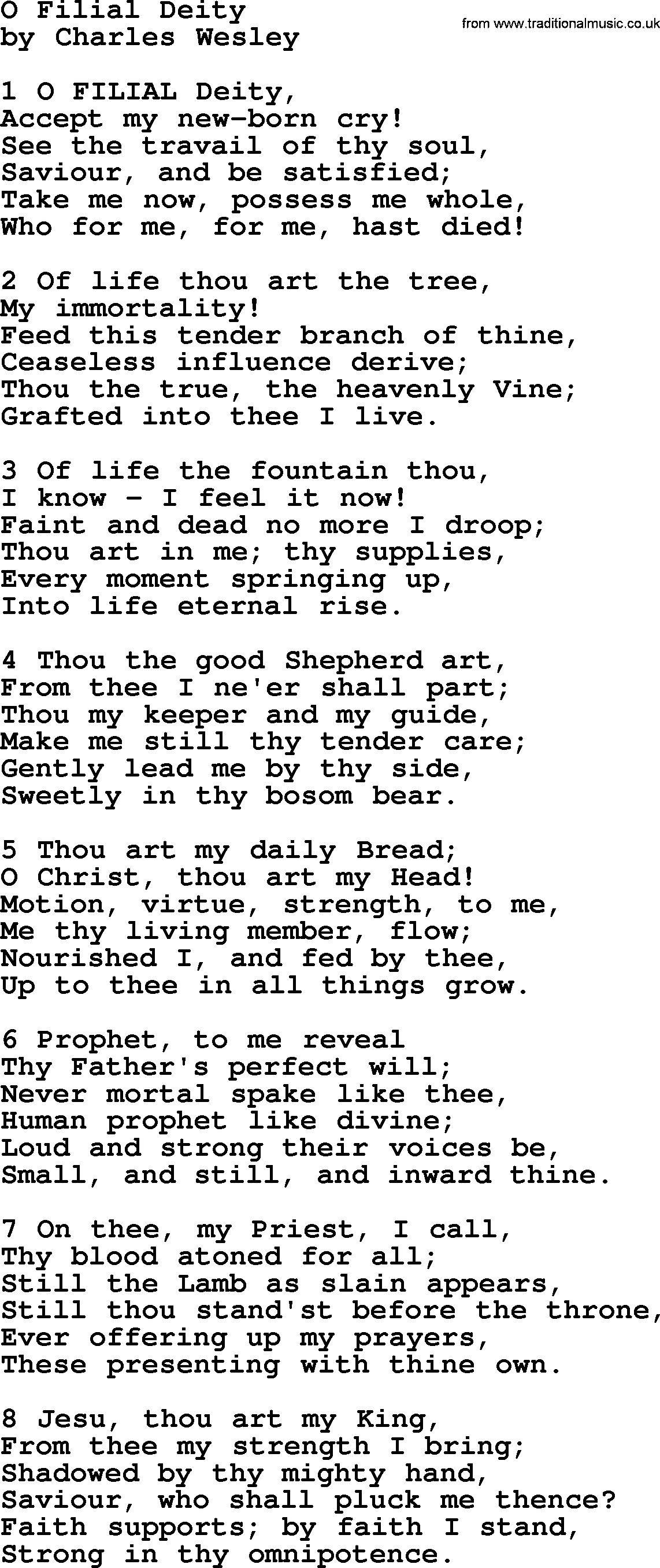 Charles Wesley hymn: O Filial Deity, lyrics