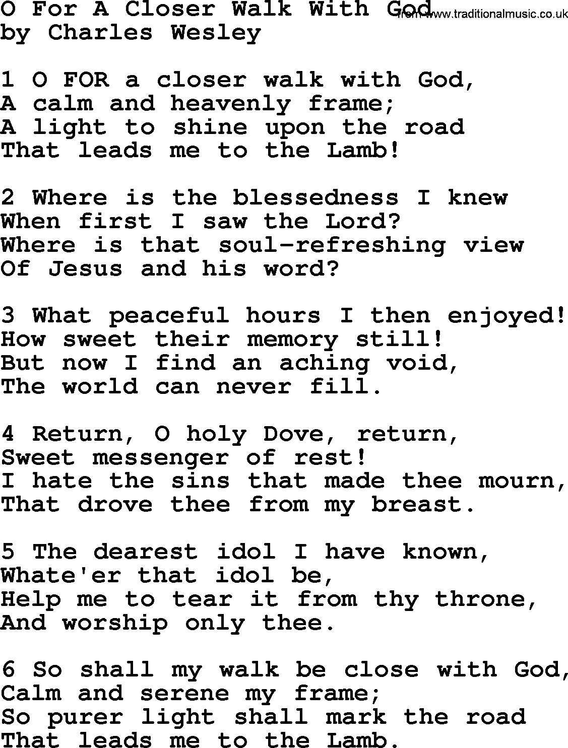Charles Wesley hymn: O For A Closer Walk With God, lyrics