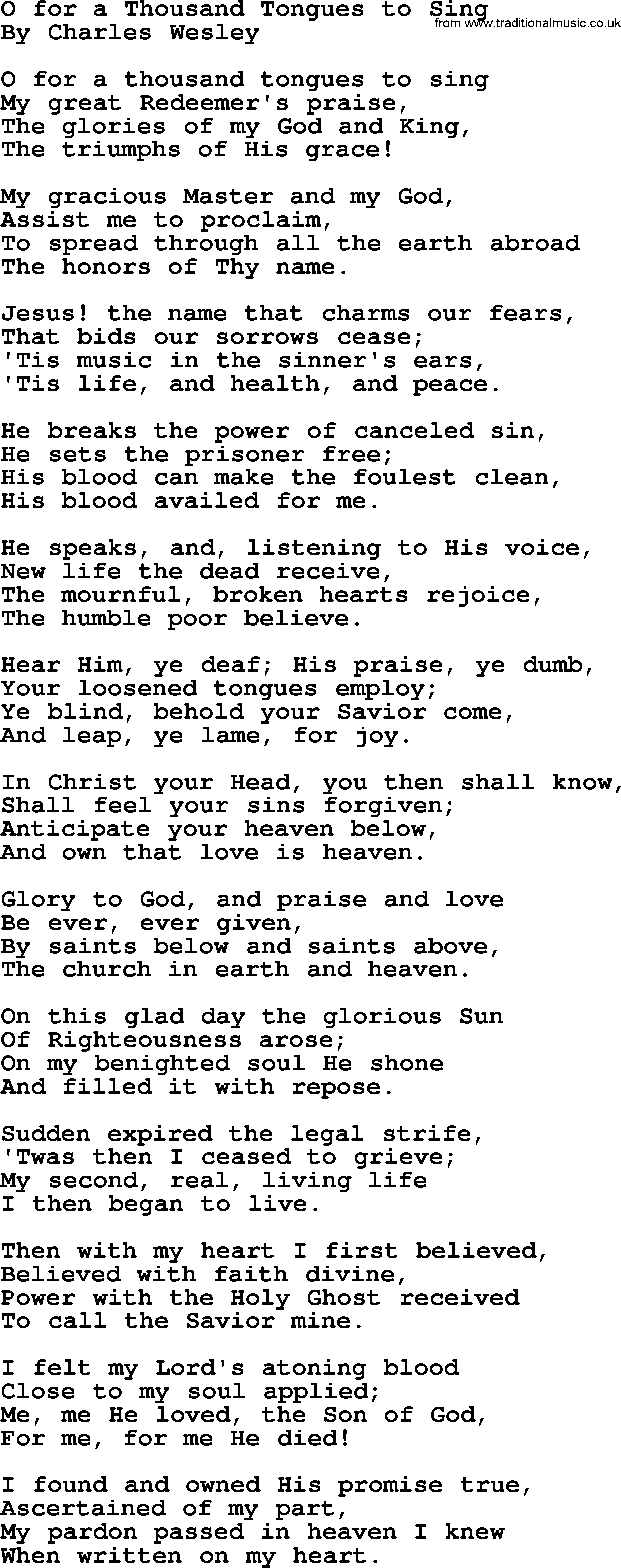 Charles Wesley hymn: O For A Thousand Tongues To Sing, lyrics