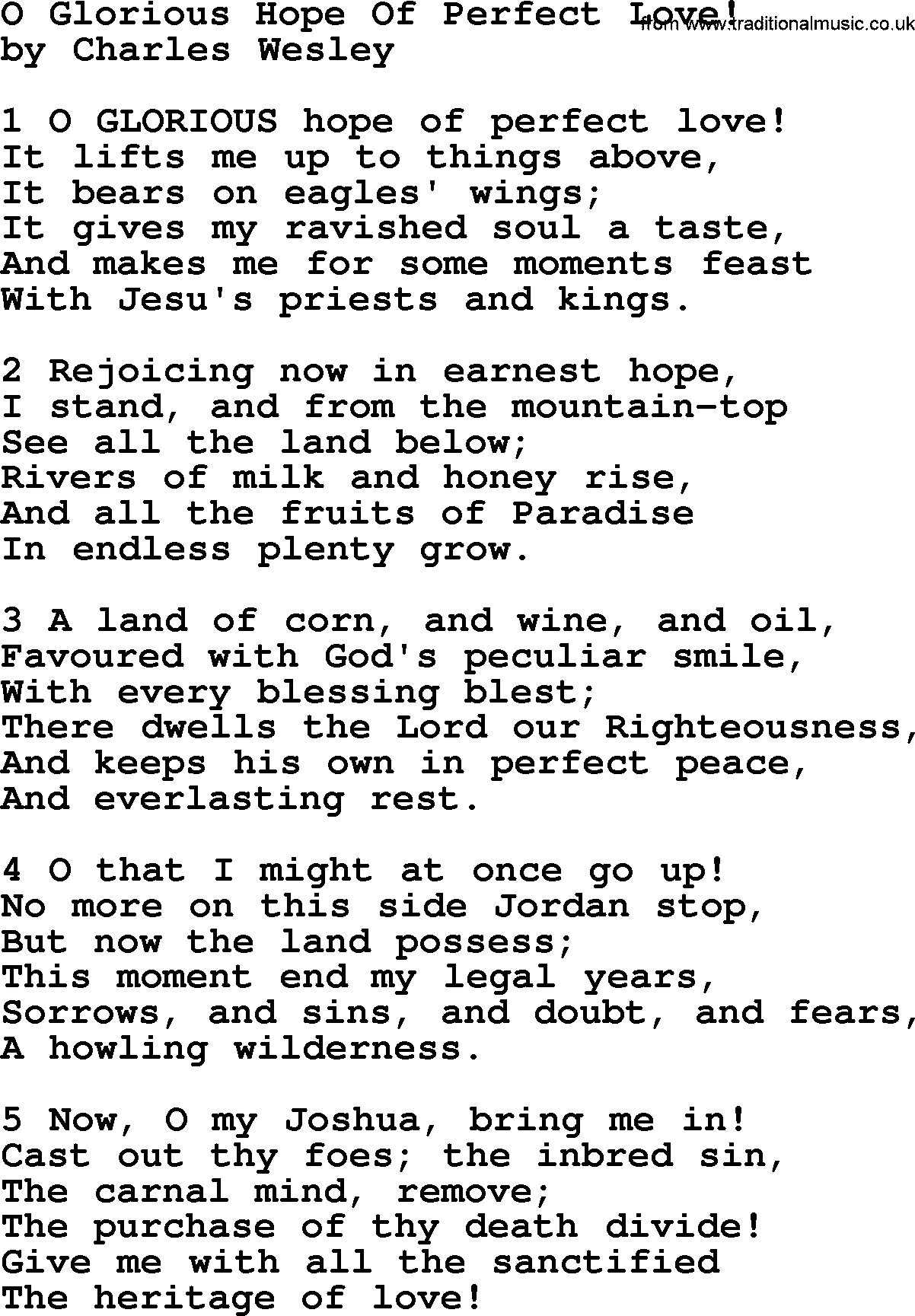 Charles Wesley hymn: O Glorious Hope Of Perfect Love!, lyrics