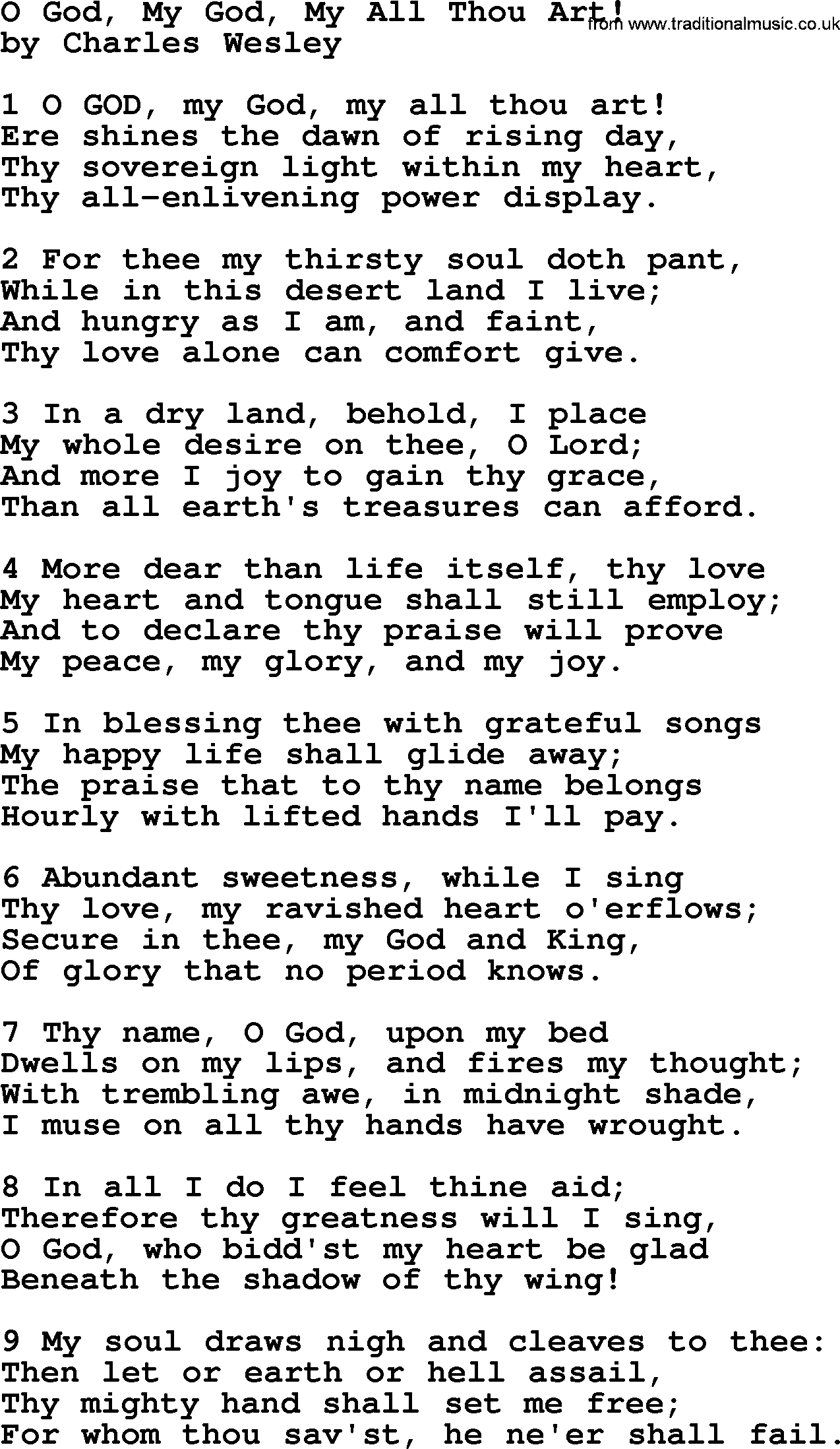 Charles Wesley hymn: O God, My God, My All Thou Art!, lyrics