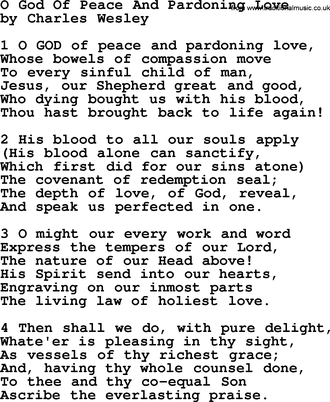 Charles Wesley hymn: O God Of Peace And Pardoning Love, lyrics