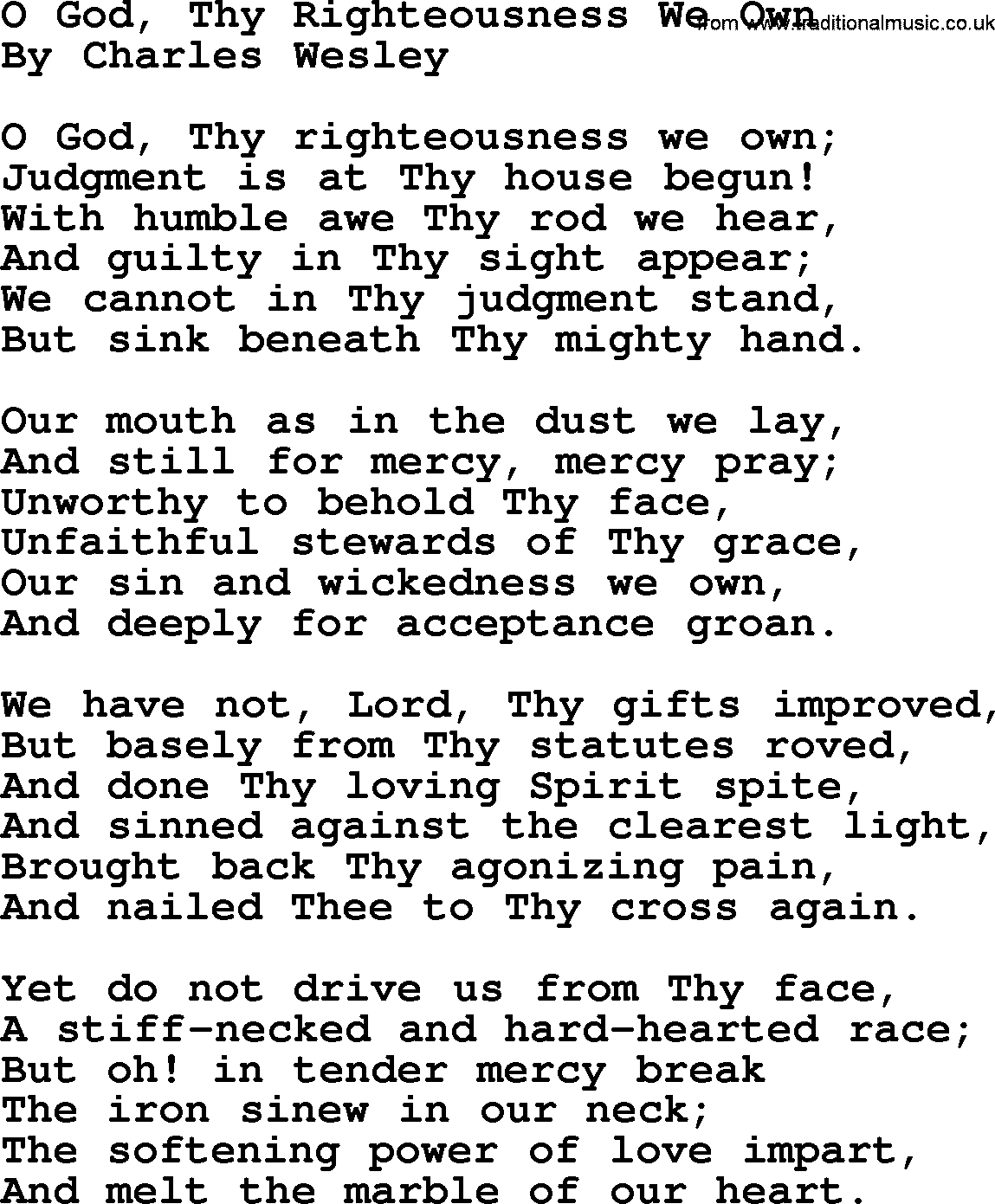 Charles Wesley hymn: O God, Thy Righteousness We Own, lyrics