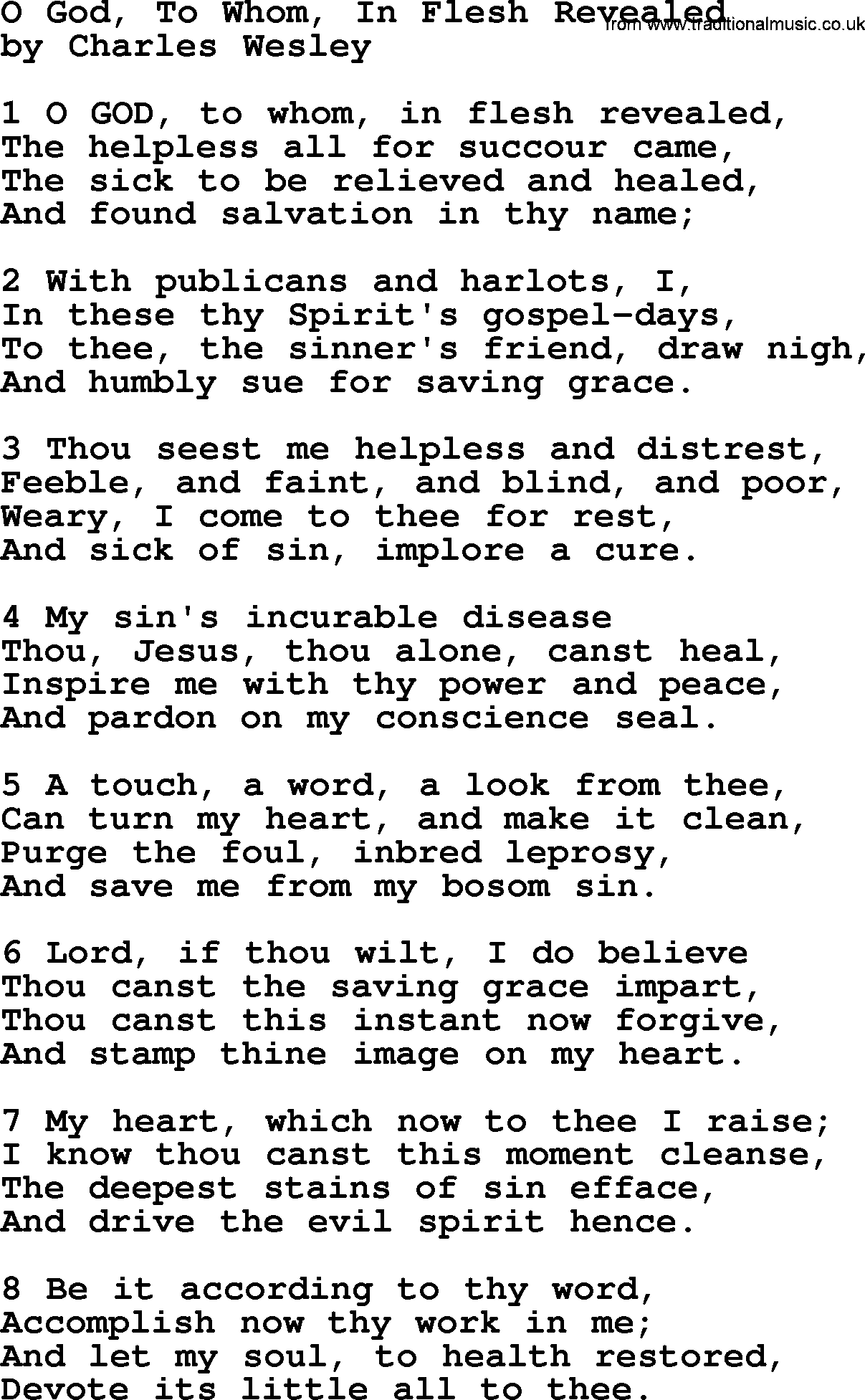 Charles Wesley hymn: O God, To Whom, In Flesh Revealed, lyrics