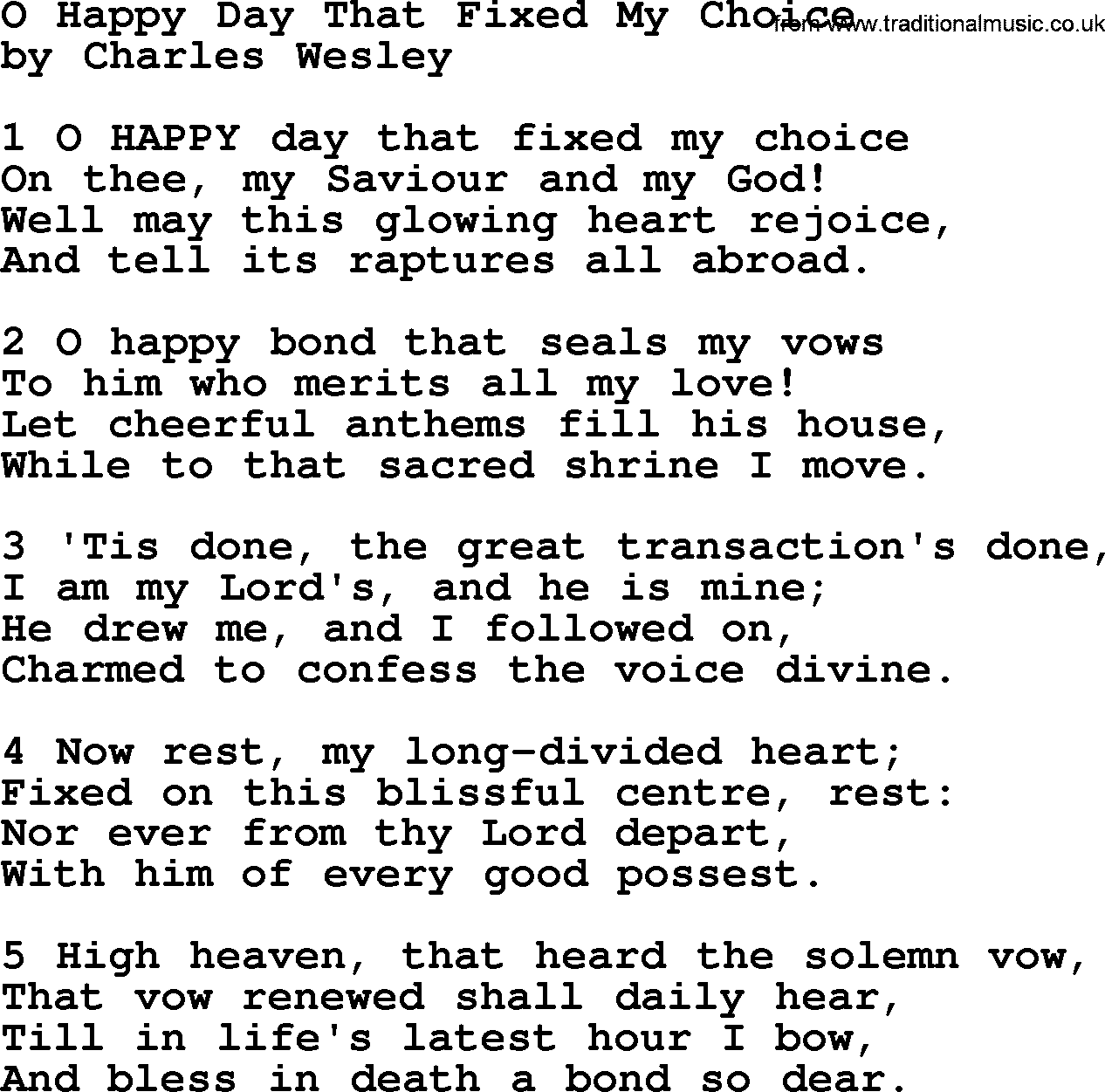 Charles Wesley hymn: O Happy Day That Fixed My Choice, lyrics
