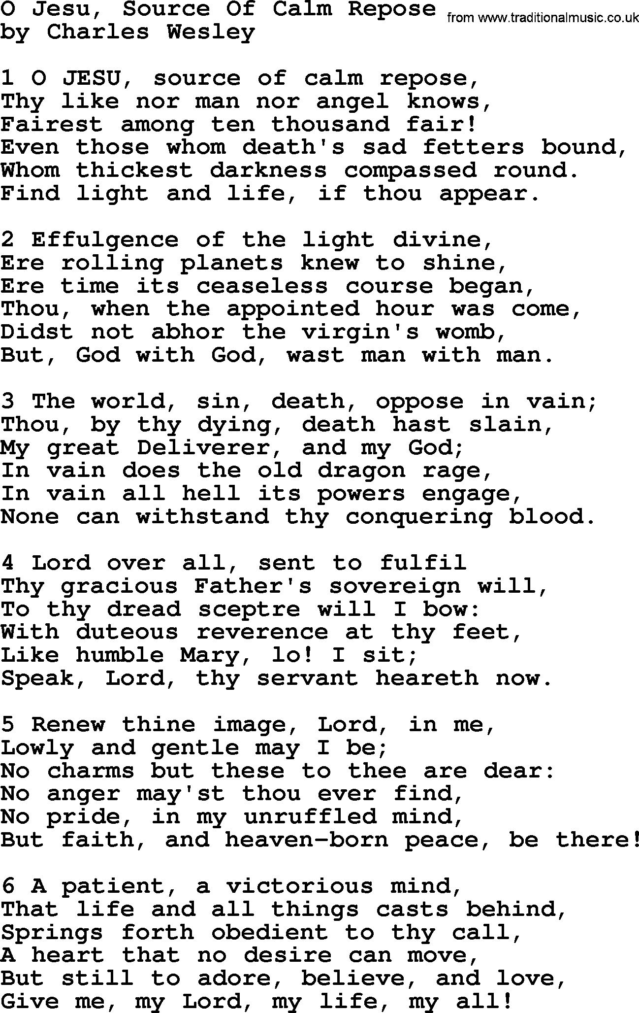 Charles Wesley hymn: O Jesu, Source Of Calm Repose, lyrics