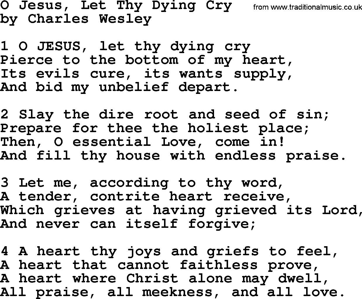 Charles Wesley hymn: O Jesus, Let Thy Dying Cry, lyrics