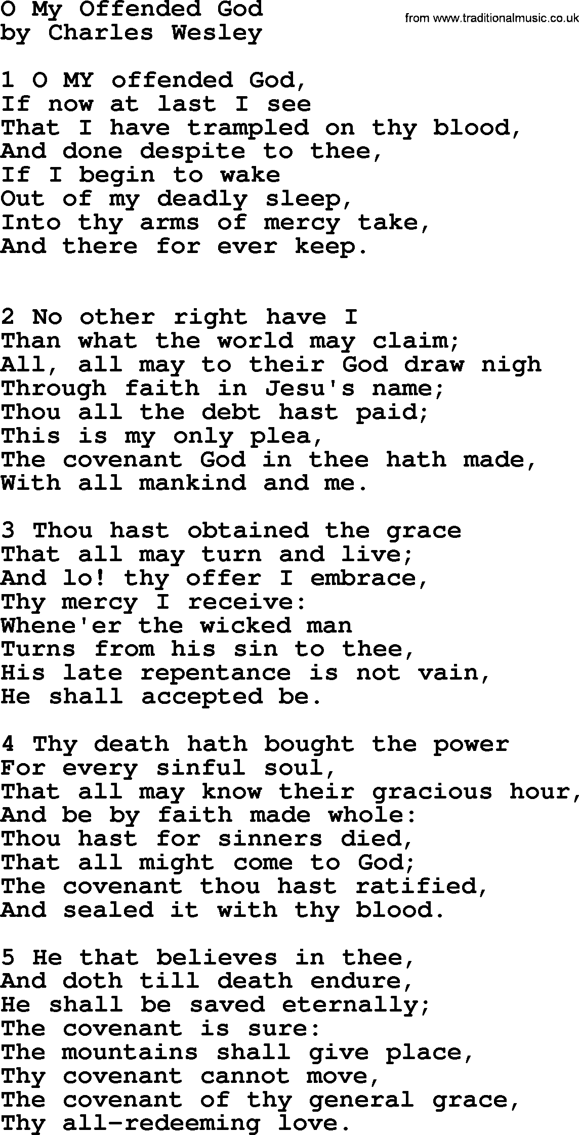Charles Wesley hymn: O My Offended God, lyrics