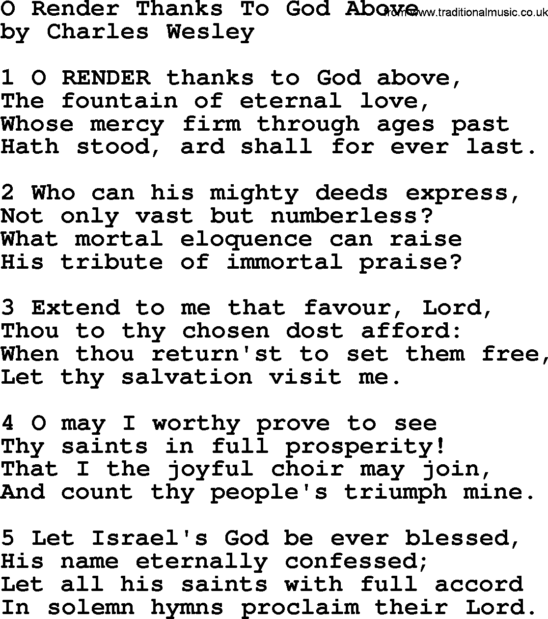 Charles Wesley hymn: O Render Thanks To God Above, lyrics