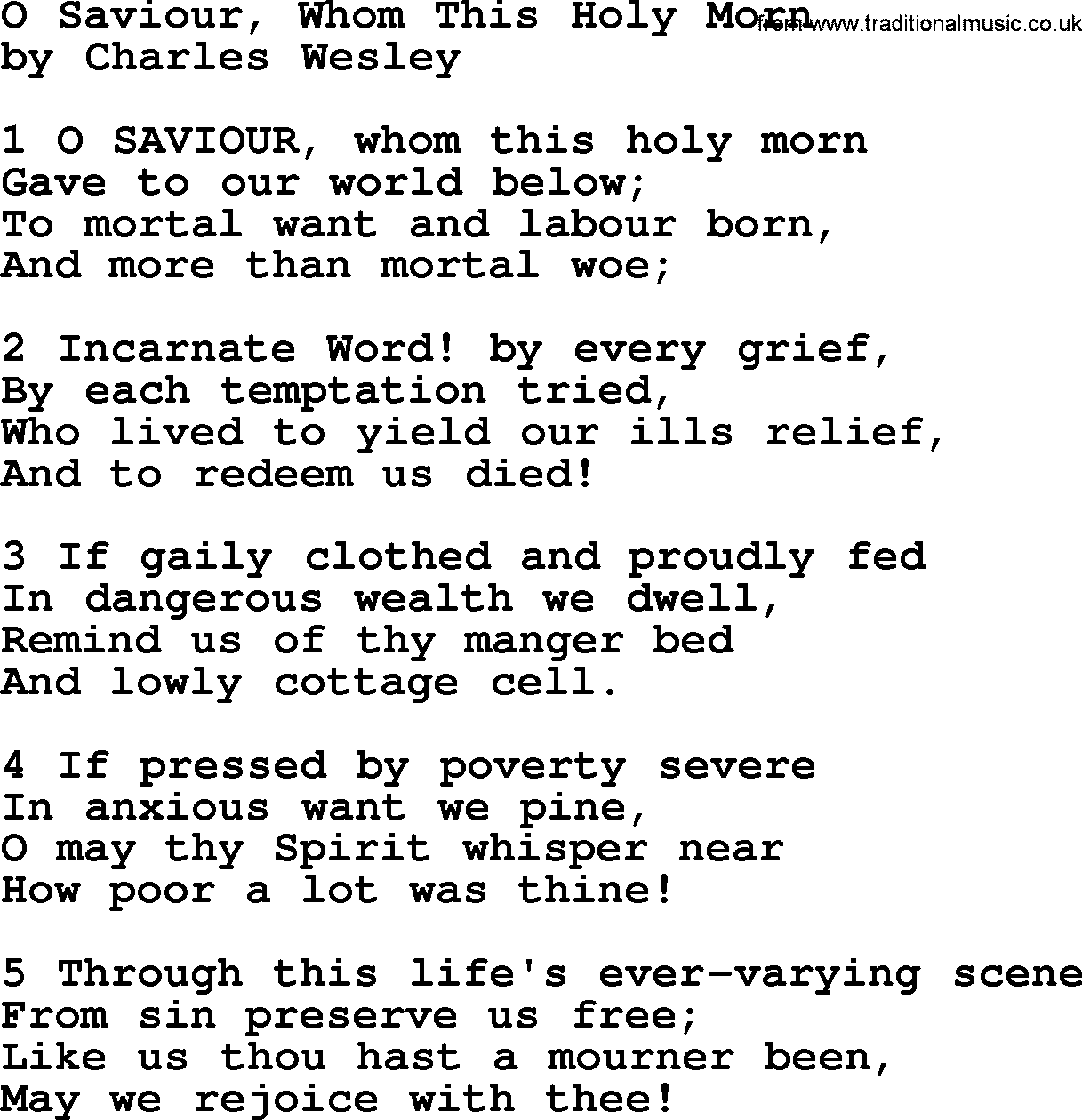 Charles Wesley hymn: O Saviour, Whom This Holy Morn, lyrics